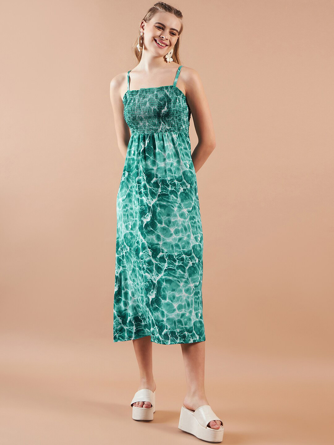 Freehand by The Indian Garage Co Women Smocked Shoulder Straps Fit and Flare Midi Dress