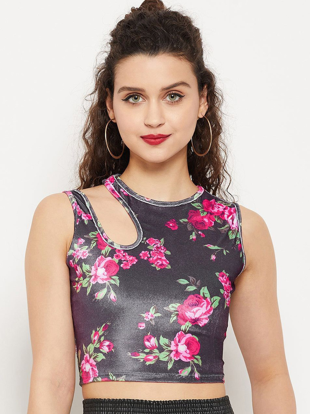 Uptownie Stretchable Velvet Shoulder Cutout Crop Top