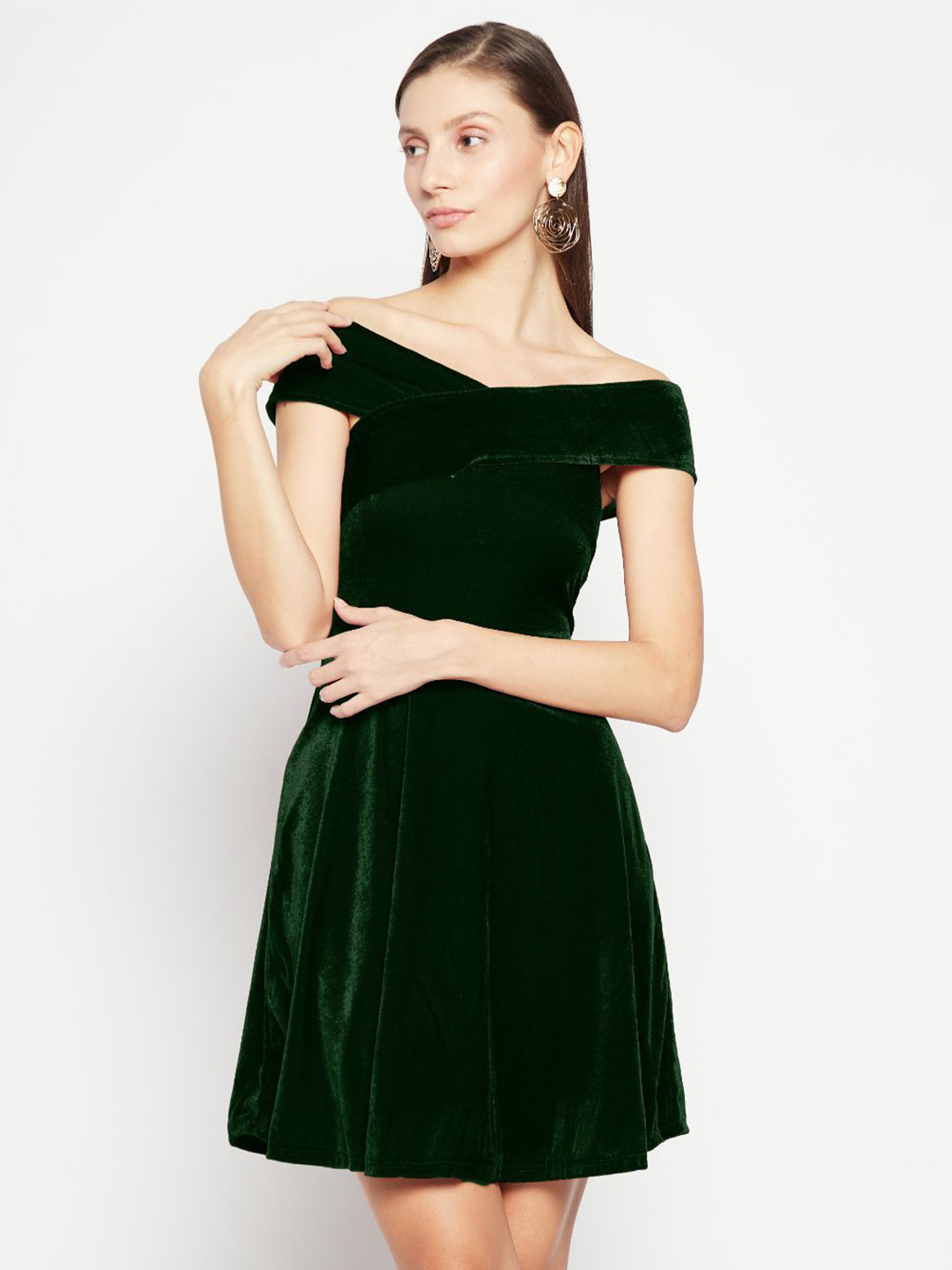 Uptownie Off Shoulder Stretchable Velvet Skater Dress