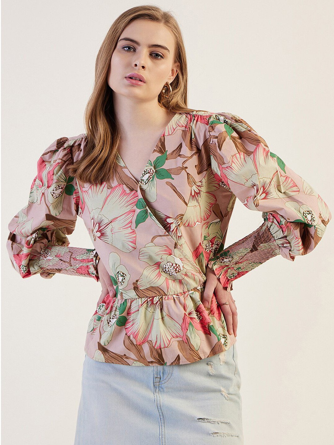 Freehand by The Indian Garage Co Floral Printed Puffed Sleeves Cotton Wrap Top