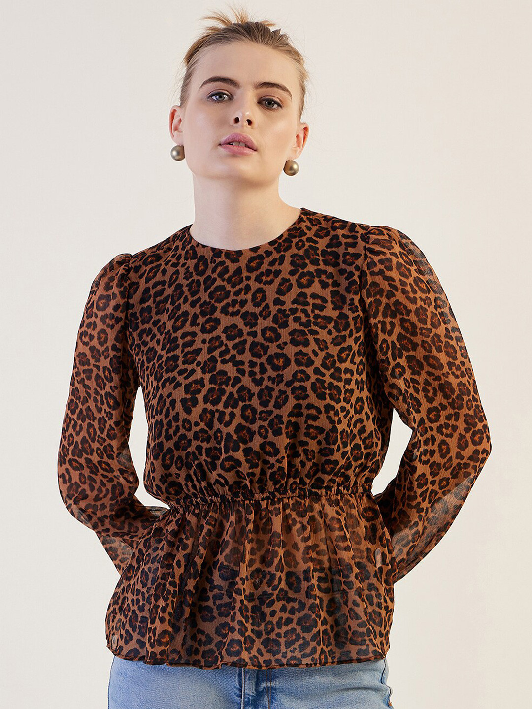 Freehand by The Indian Garage Co Abstract Printed Puffed Sleeves Peplum Top