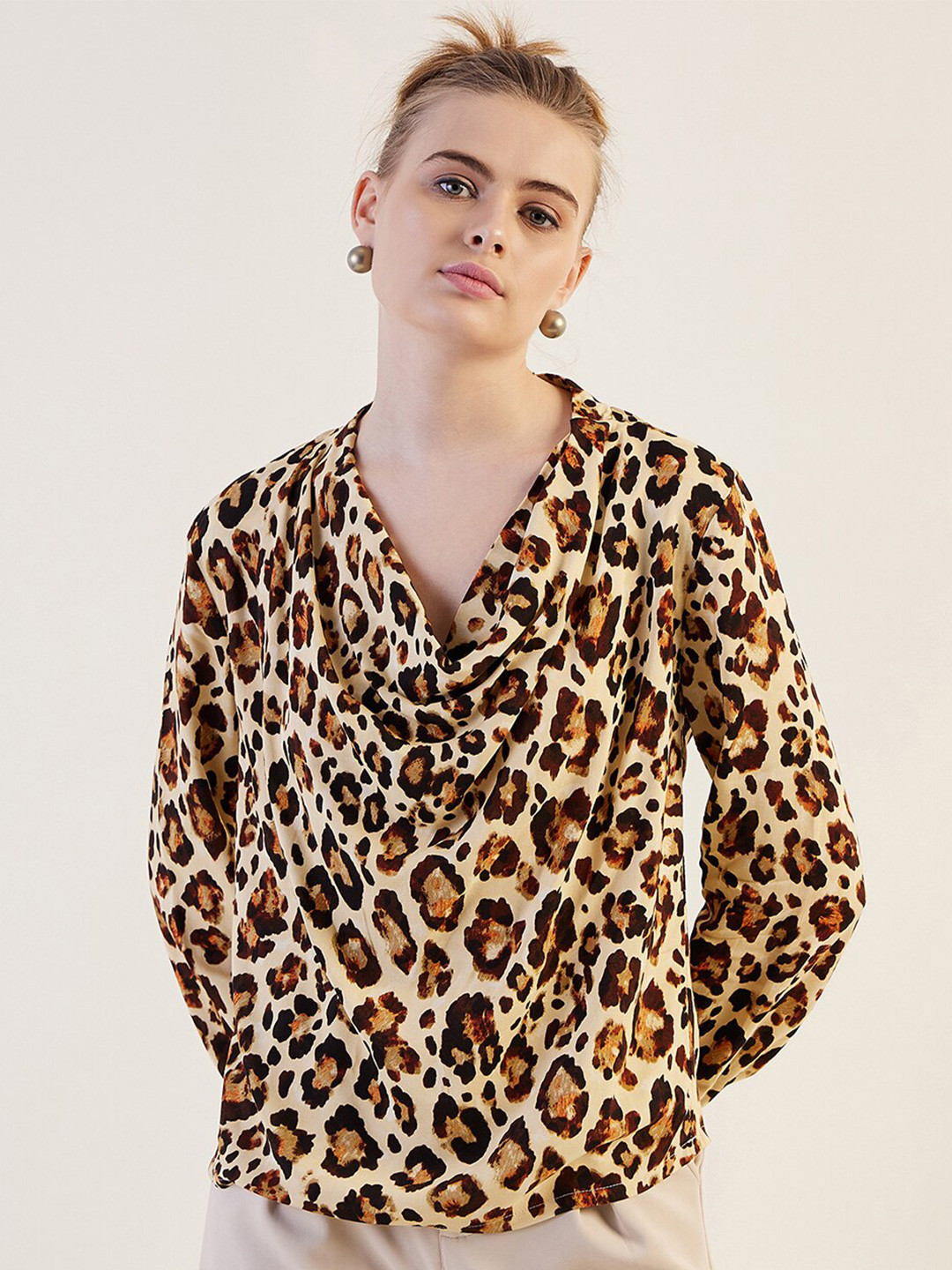 Freehand by The Indian Garage Co Animal Printed Cowl Neck Cuffed Sleeves Satin Top