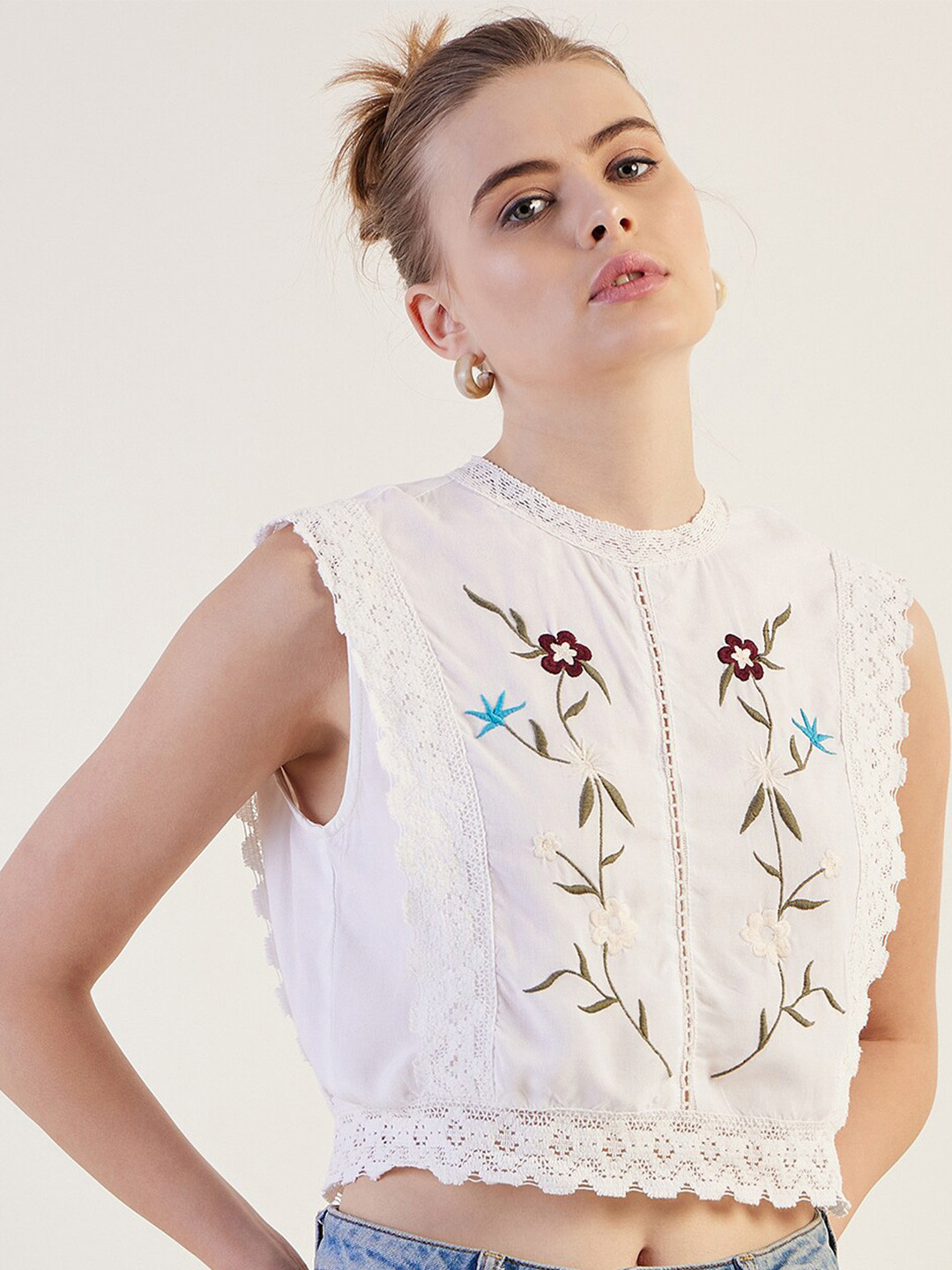 Freehand by The Indian Garage Co Floral Embroidered Lace Inserts Detailed Crop Top