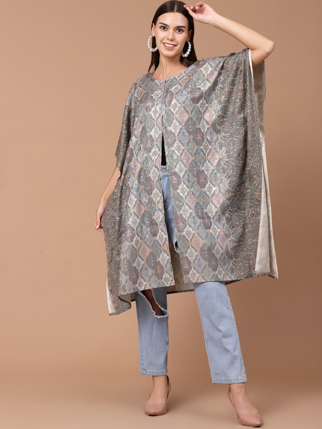 SWI Stylish Ethnic Motifs Woven Design Woollen Lightweight Longline Tailored Jacket