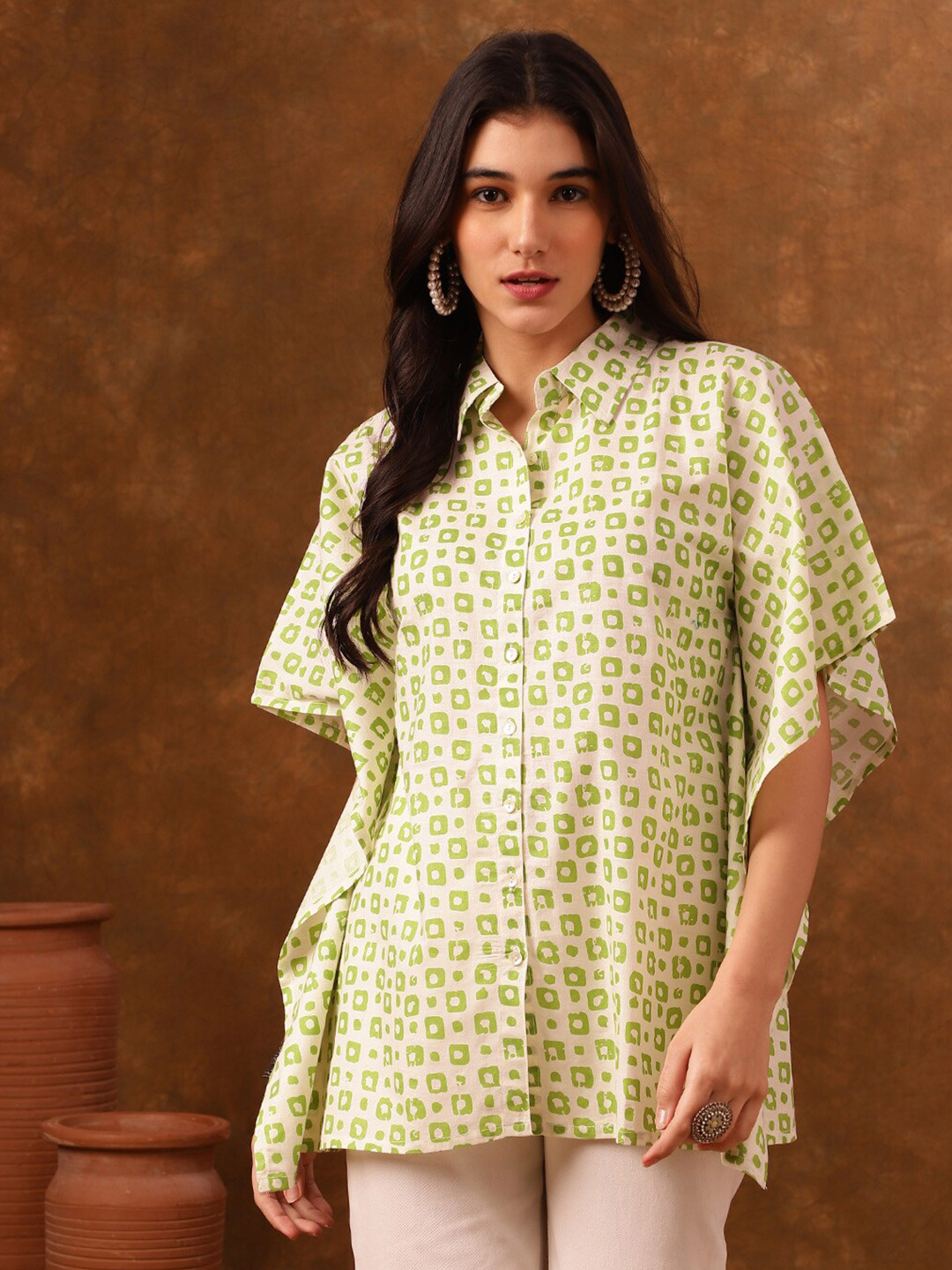 Anouk Off White Geometric Print Shirt Collar Kimono Sleeve Cotton Kaftan Top