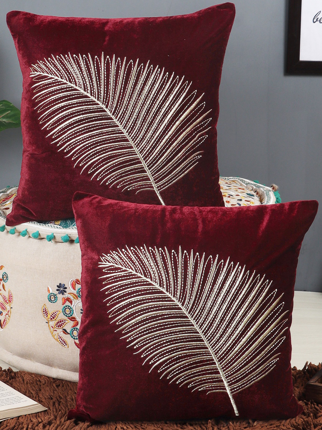 Decoghar Golden Zari Leaf Embroidered Floral Polyester 2 Pcs Cushion Covers-16x16In