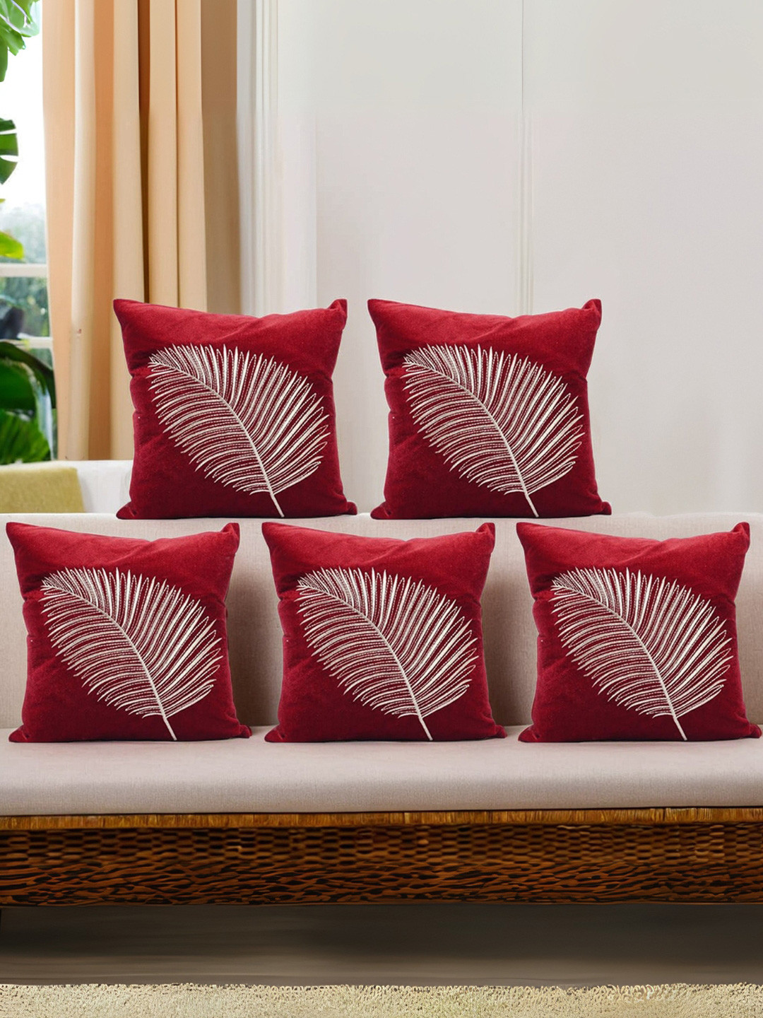 Decoghar Burgundy Leaf Polyester Washable 5 Pcs Embroidered Square Cushion Covers -16x16In
