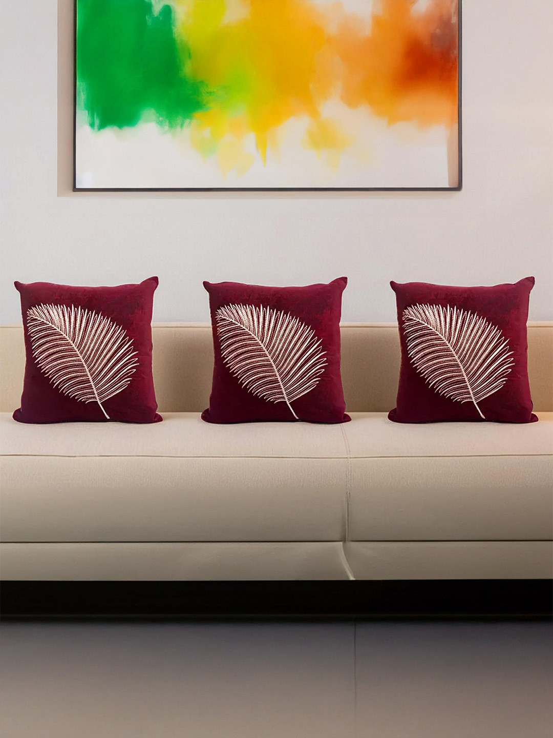 Decoghar Golden Zari Leaf Polyester Washable 3 Pcs Embroidered Cushion Covers - 16 x 16 In