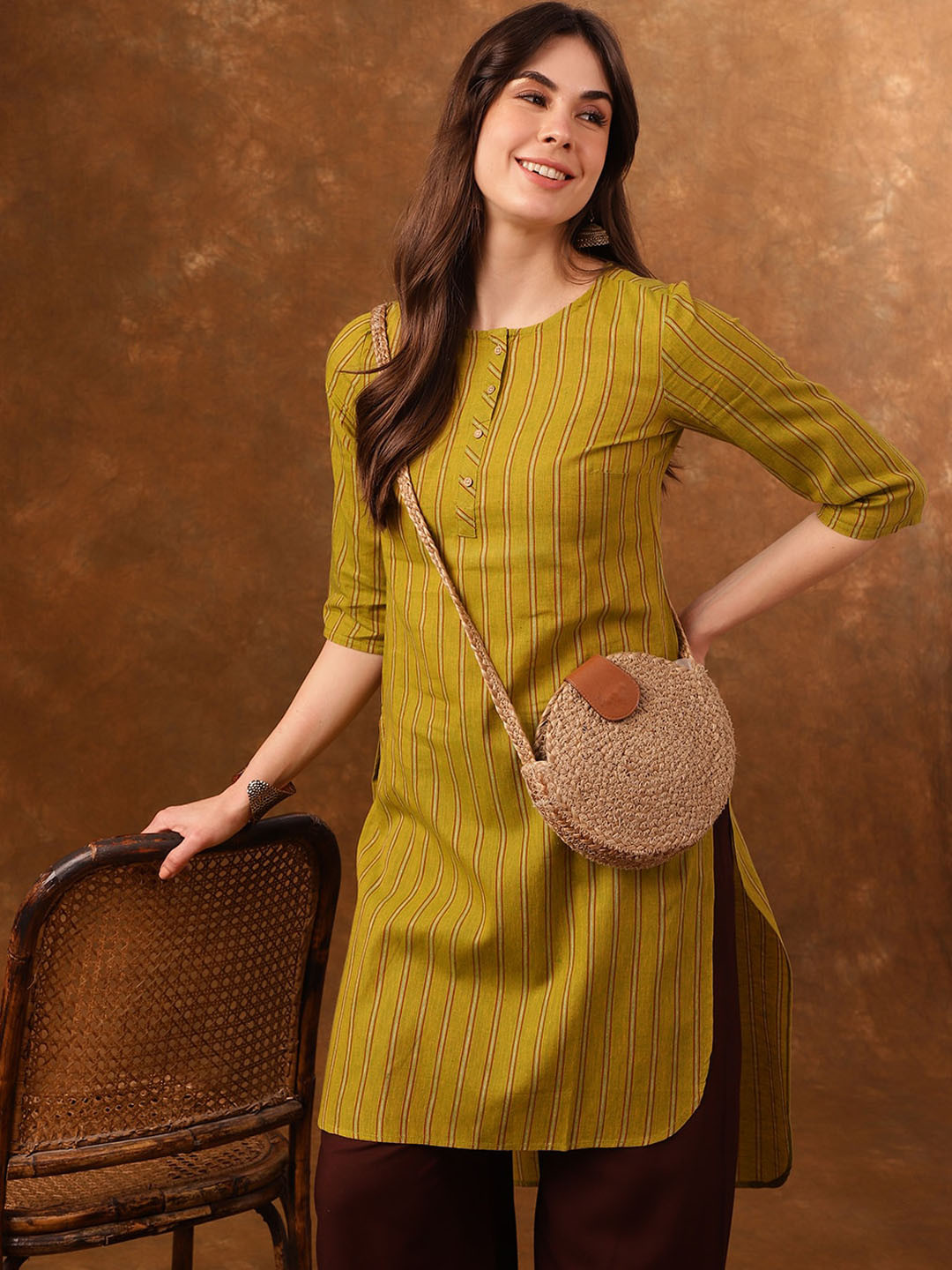 Anouk Striped Round Neck High Low Cotton Kurta