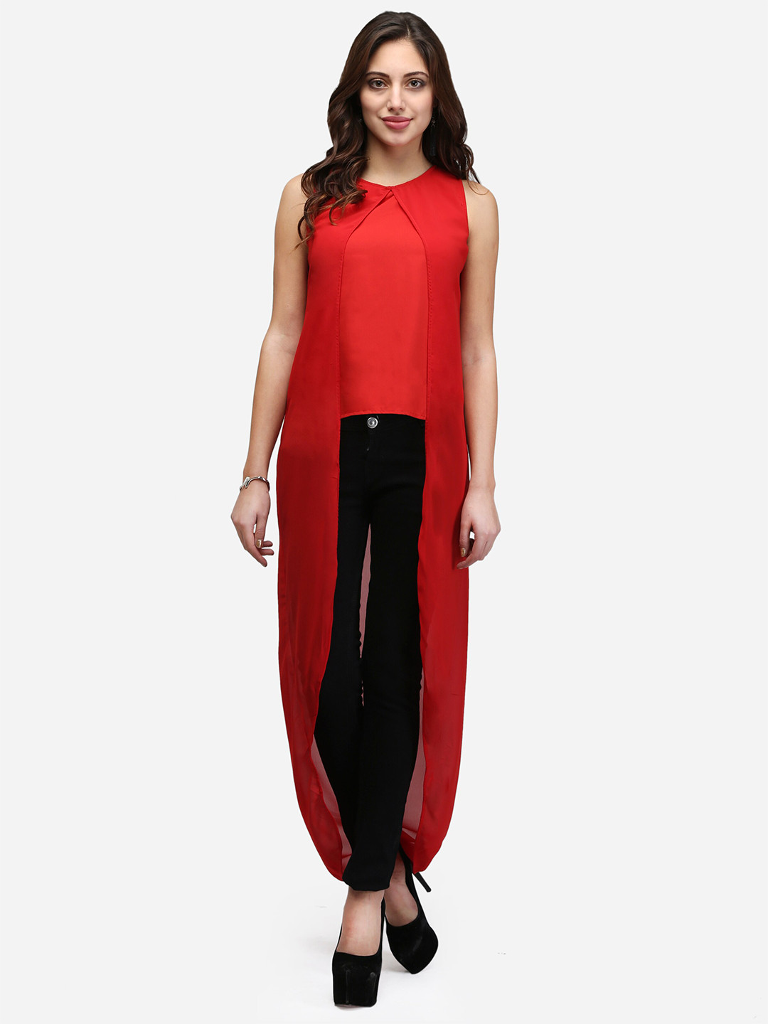V&M Round Neck Sleeveless High Low Maxi Longline Georgette Top