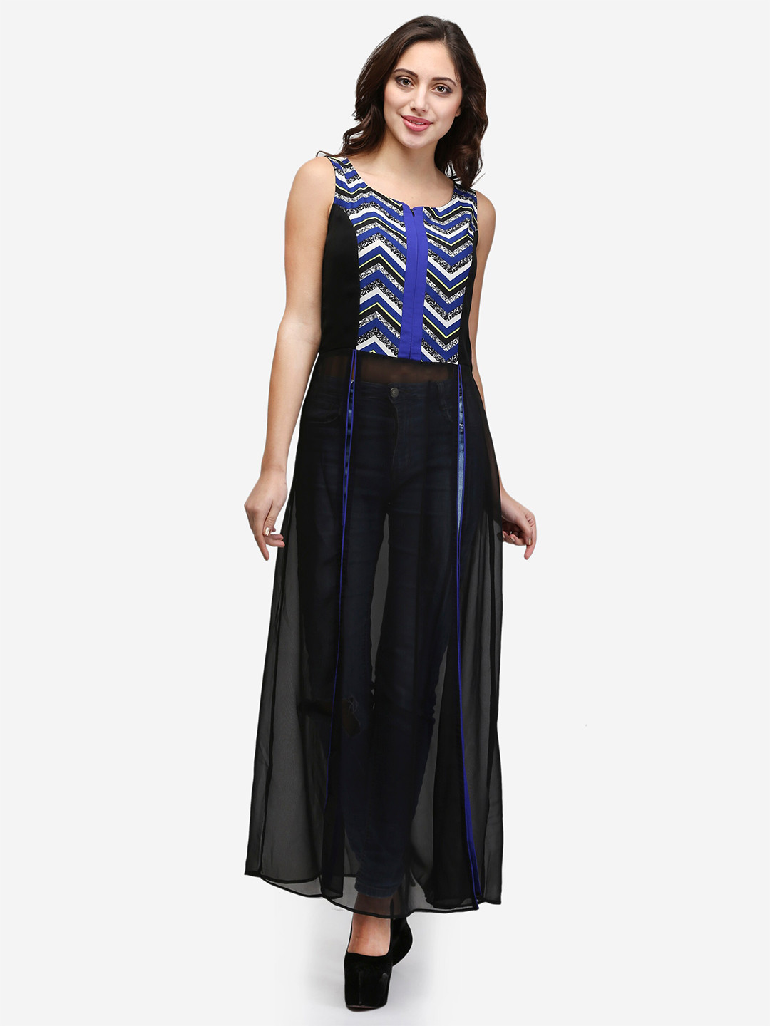 V&M Geometric Print Georgette Maxi Longline Top
