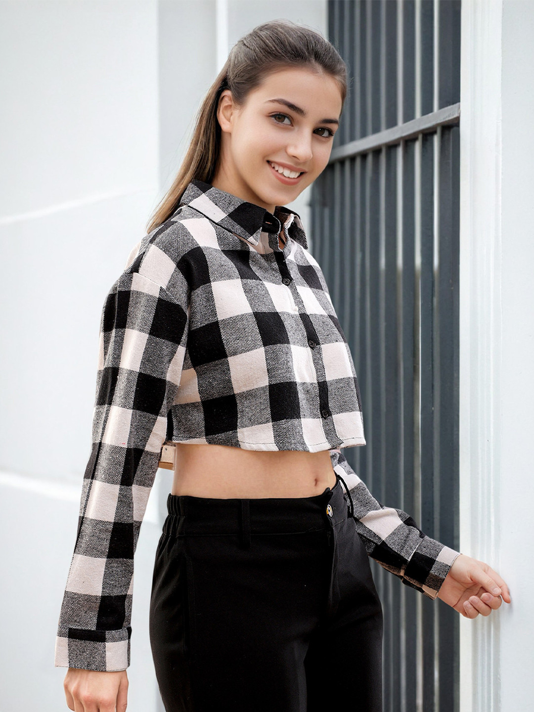 Freehand by The Indian Garage Co Buffalo Checks Spread Collar Cotton Casual Crop Oversized Shirt