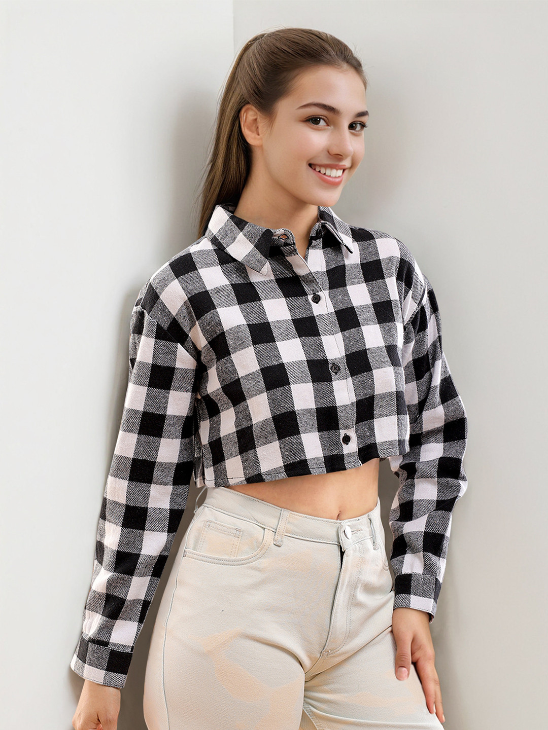 Freehand by The Indian Garage Co Buffalo Checks Spread Collar Cotton Boxy Crop Shirt