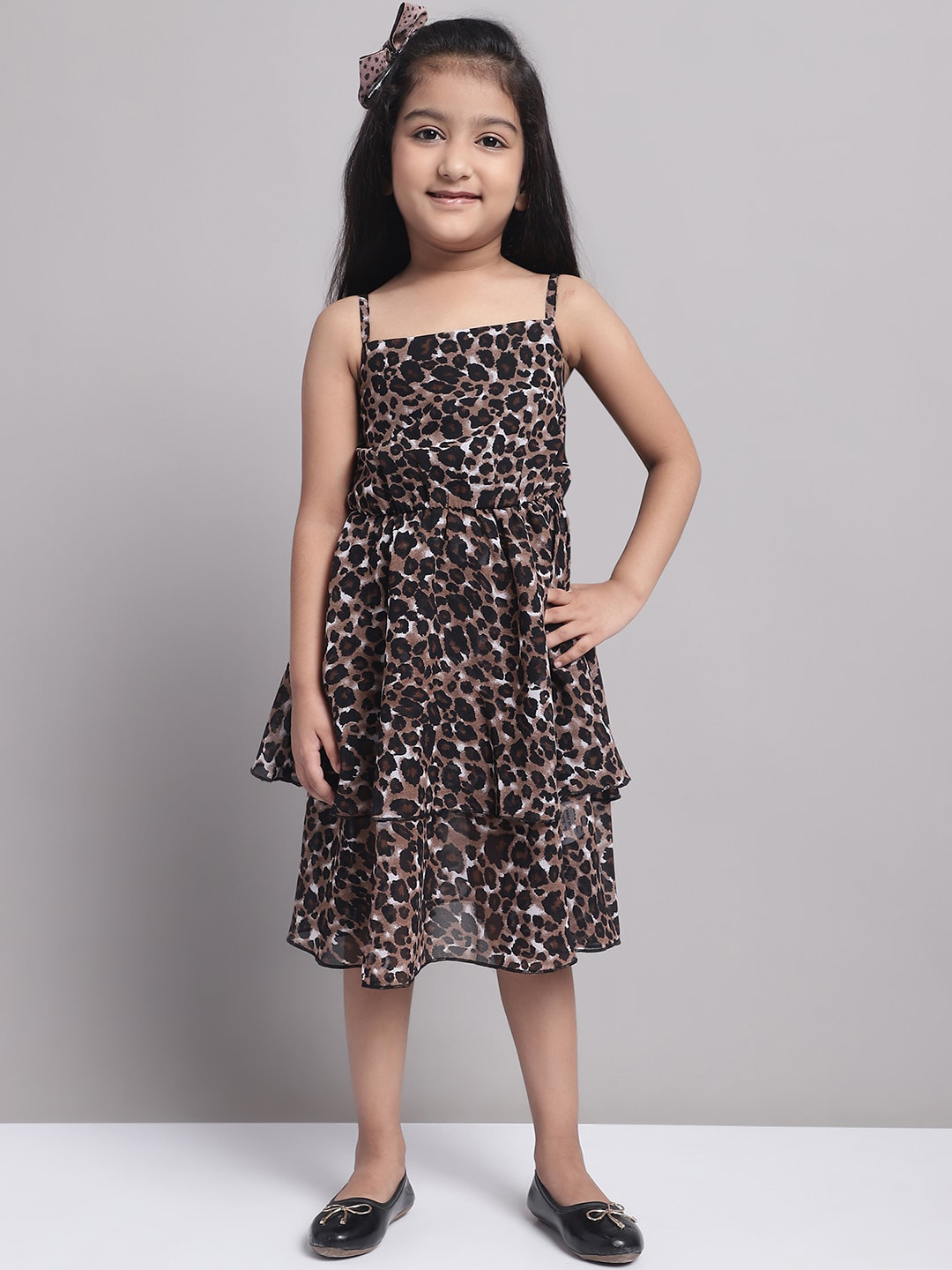MINI & MING Girls Layered Georgette Fit & Flare Animal Print Midi Dress
