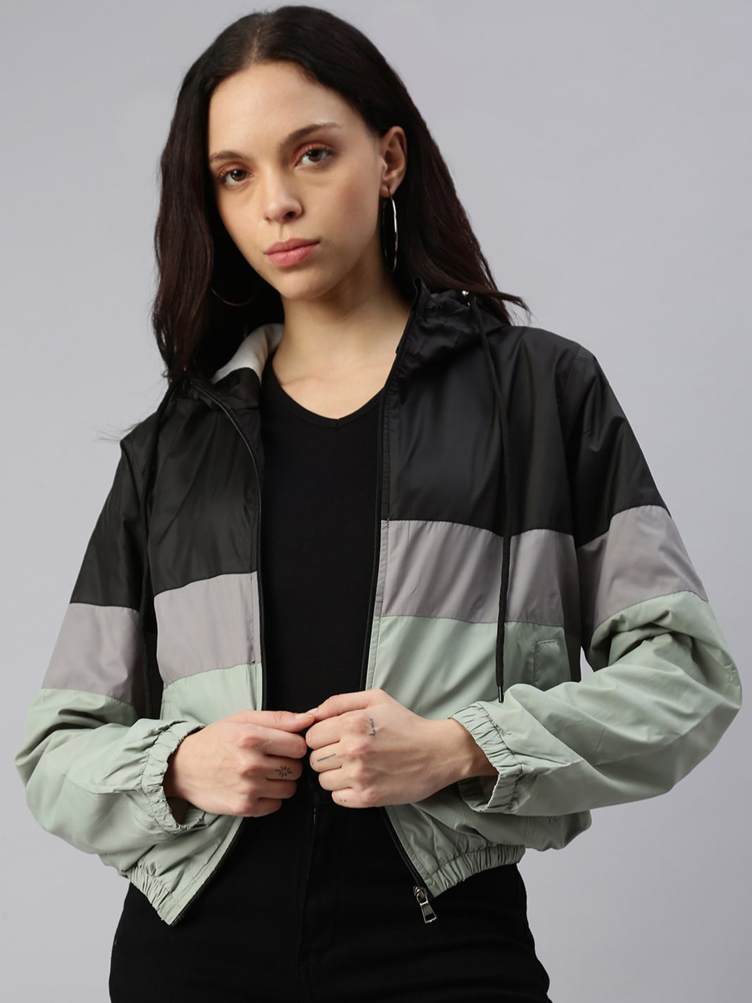 VOXATI Women Colourblocked No Crop Bomber Jacket