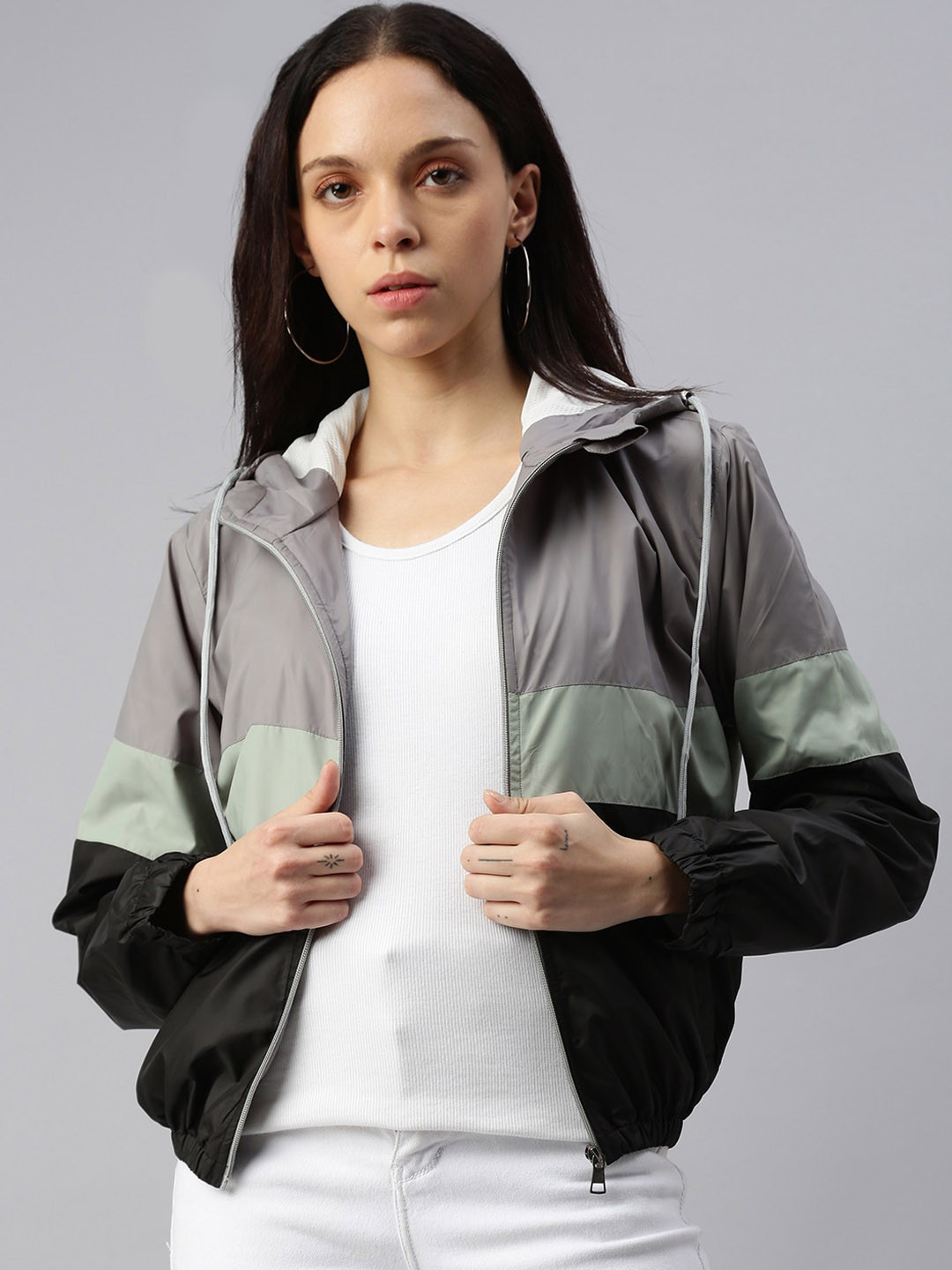 VOXATI Colourblocked Hooded Crop Bomber Jacket