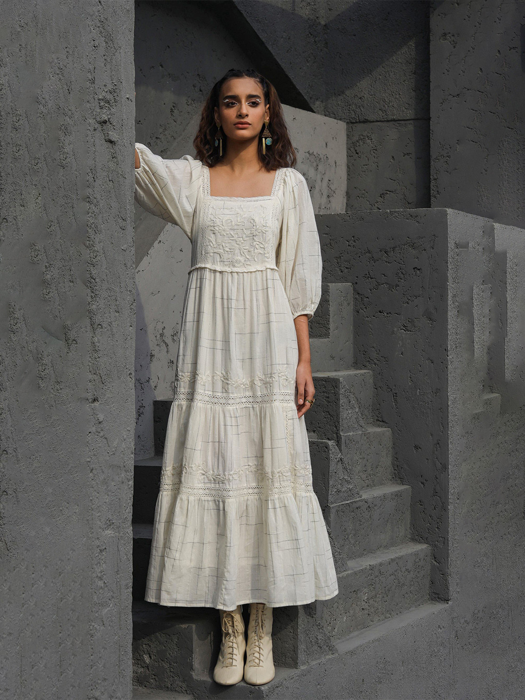 Nyaro Floral Embroidered Puff Sleeve Cotton A-Line Dress