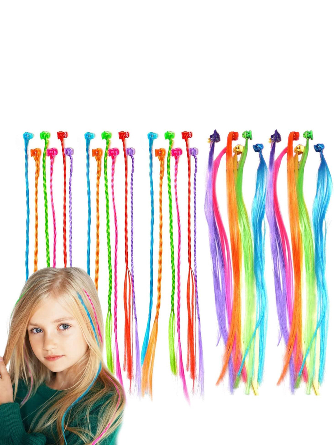 LYTIX Girls Set Of 12 Colorfull Synthetic Braid Hair Extensions Hair Claw