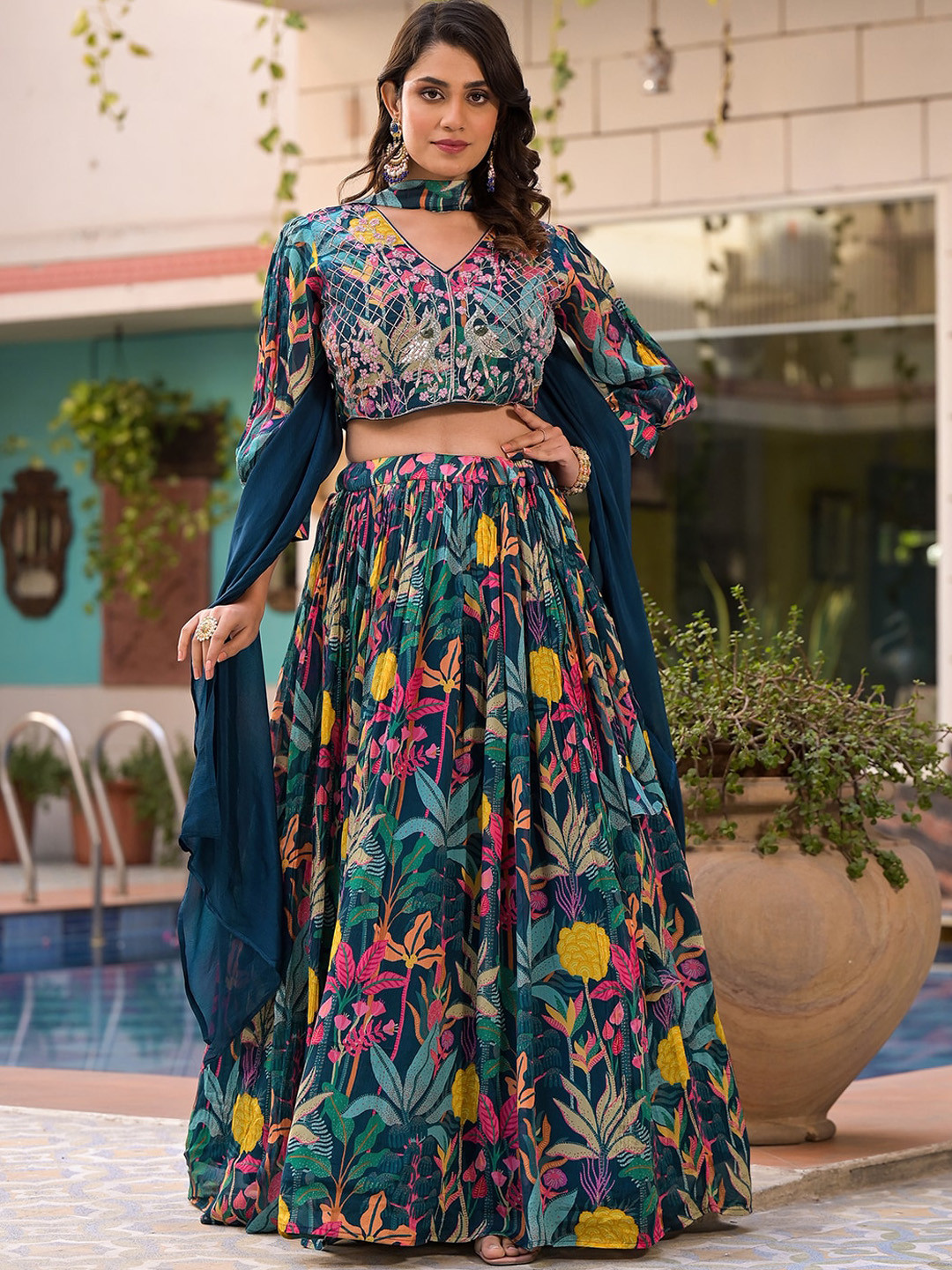 Vishudh Blue Floral Embroidered Sequinned Ready To Wear Lehenga Choli Set With Dupatta