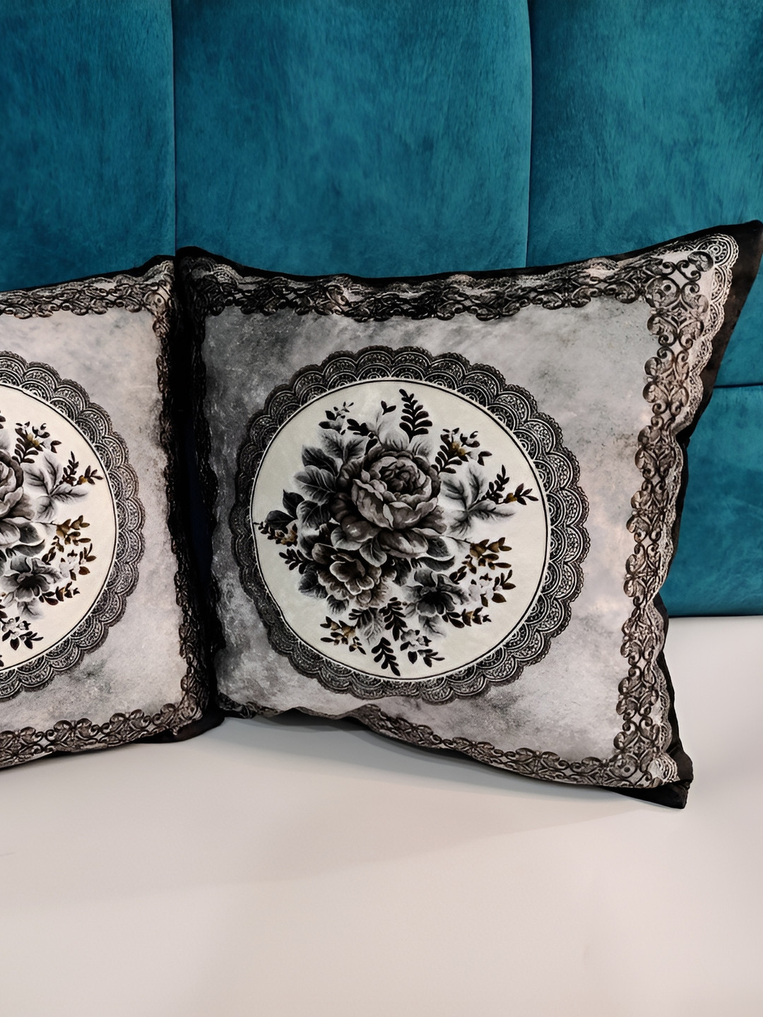 SWA PEACHES DESIGN STUDIOS Grey & White 2 Pieces Floral Velvet Square Cushion Covers