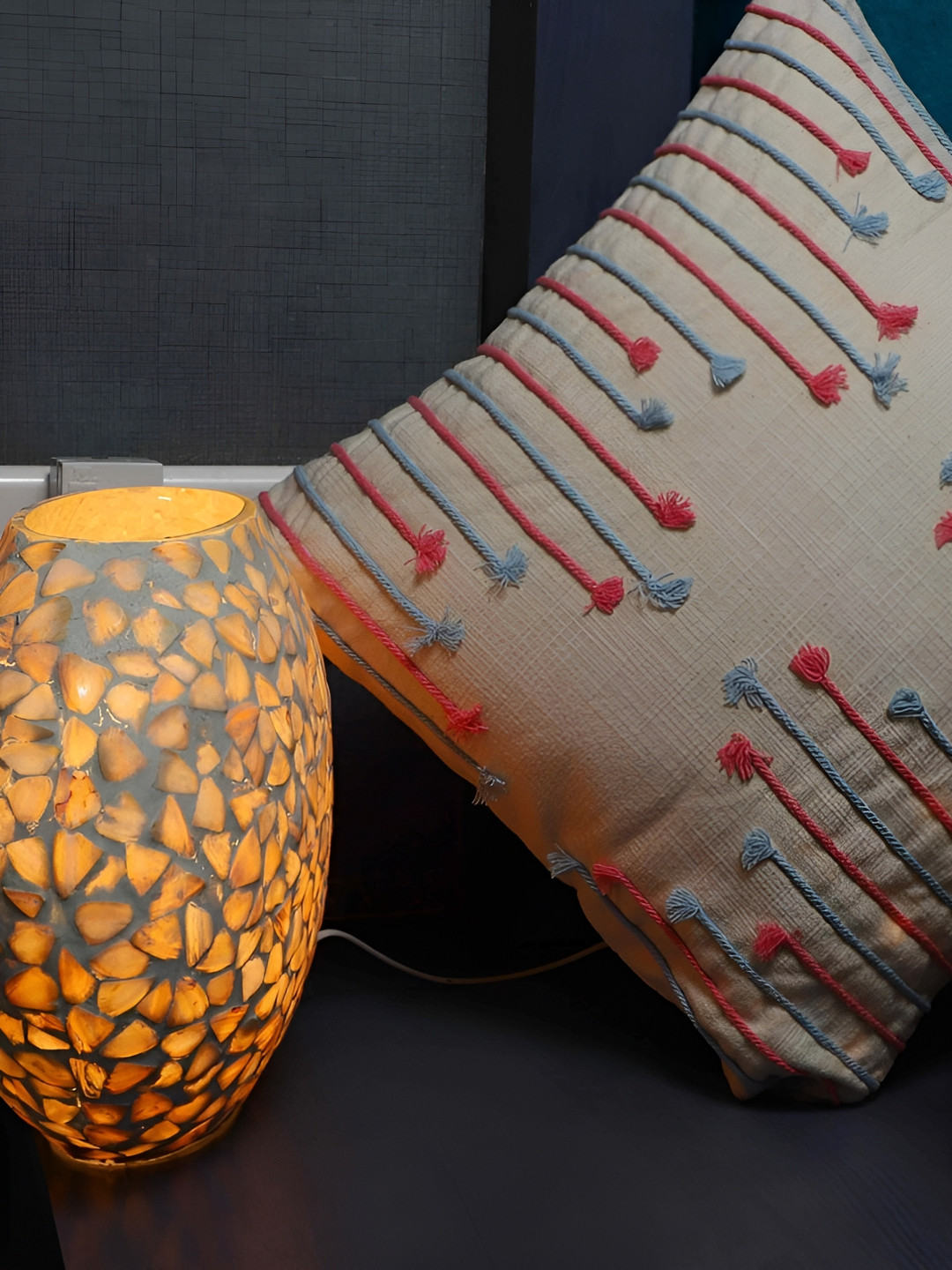 SWA PEACHES DESIGN STUDIOS White & Blue Embroidered Cotton Square Cushion Covers