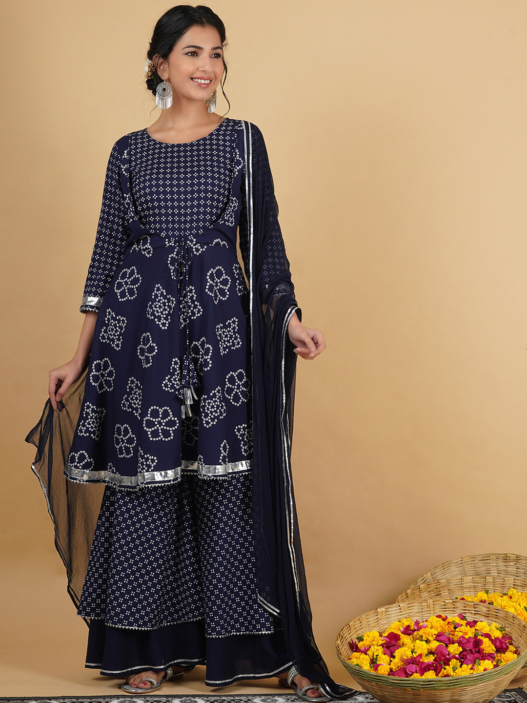 SEVEN FLOWER Ethnic Motifs Printed Empire Gotta Patti Kurti with Sharara