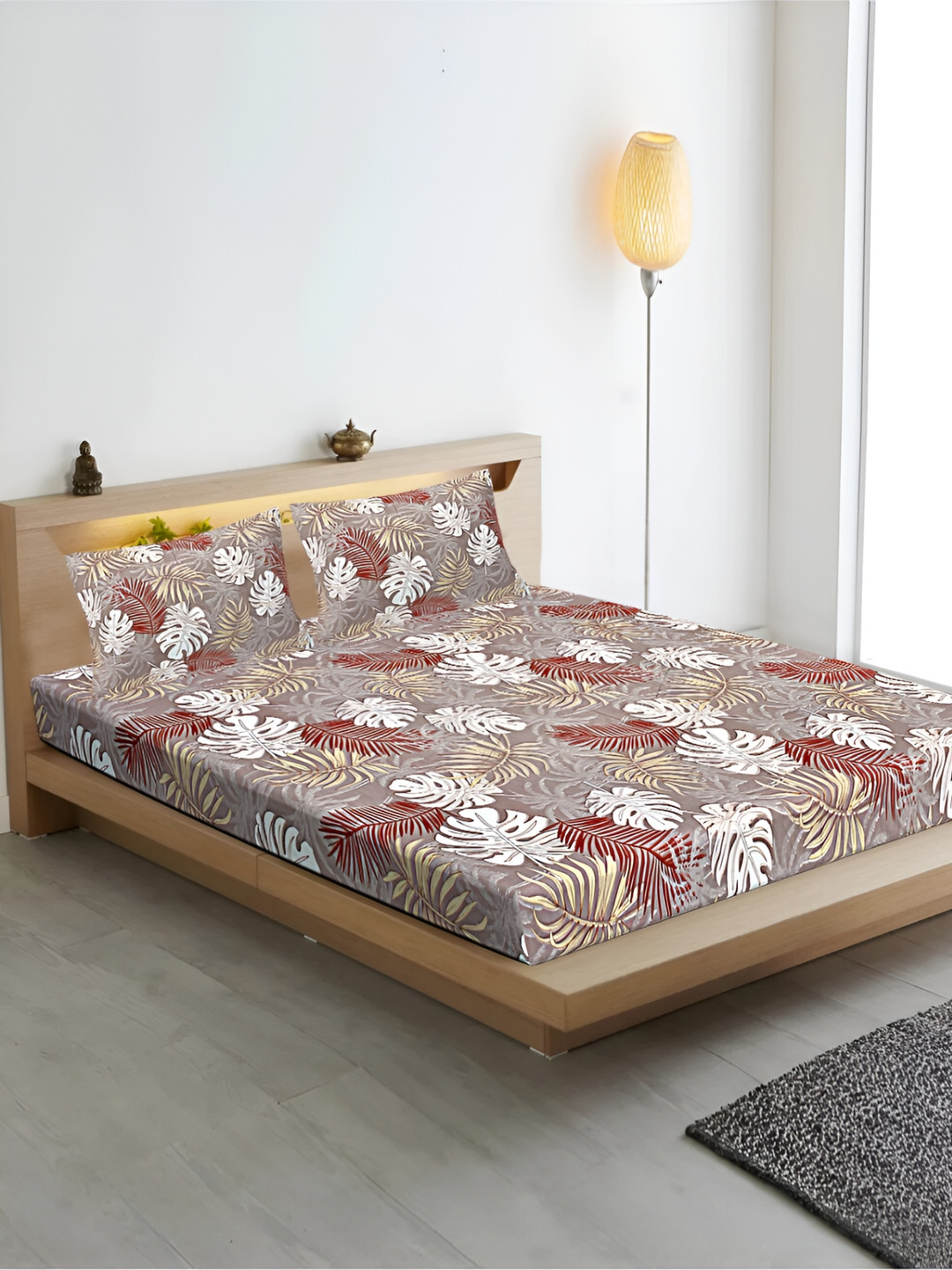 INDHOME LIFE Brown Leaf Cotton 210 TC Fitted Queen Bedsheet with 2 Pillow Covers-182 x 198 cm