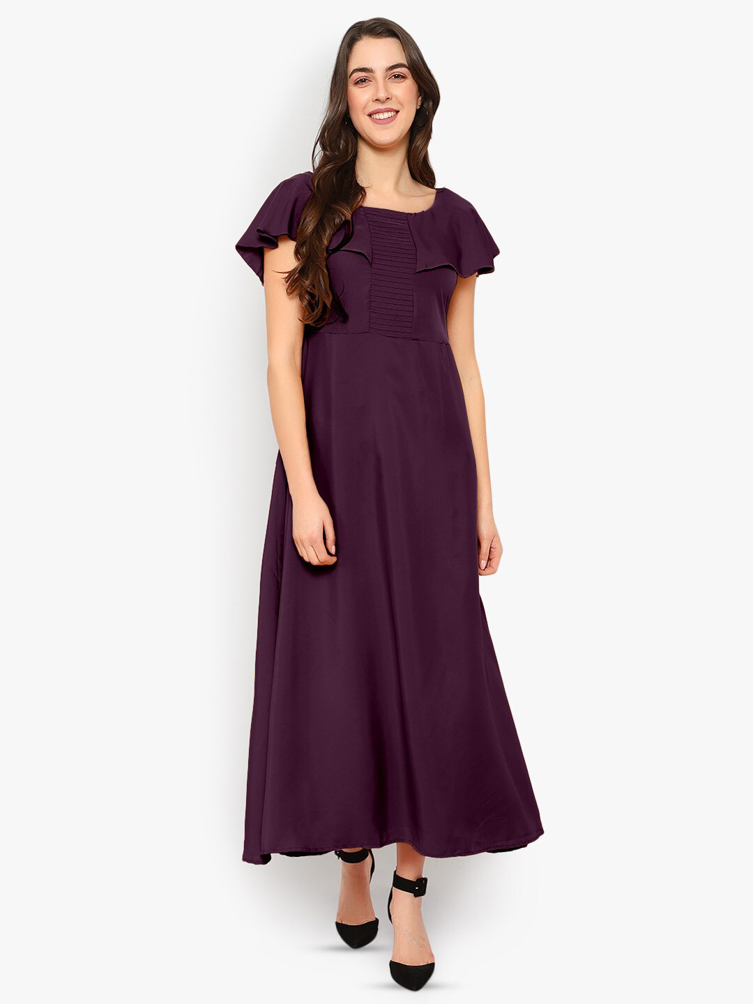 Indietoga Round Neck Cape Sleeve Crepe Maxi Dress