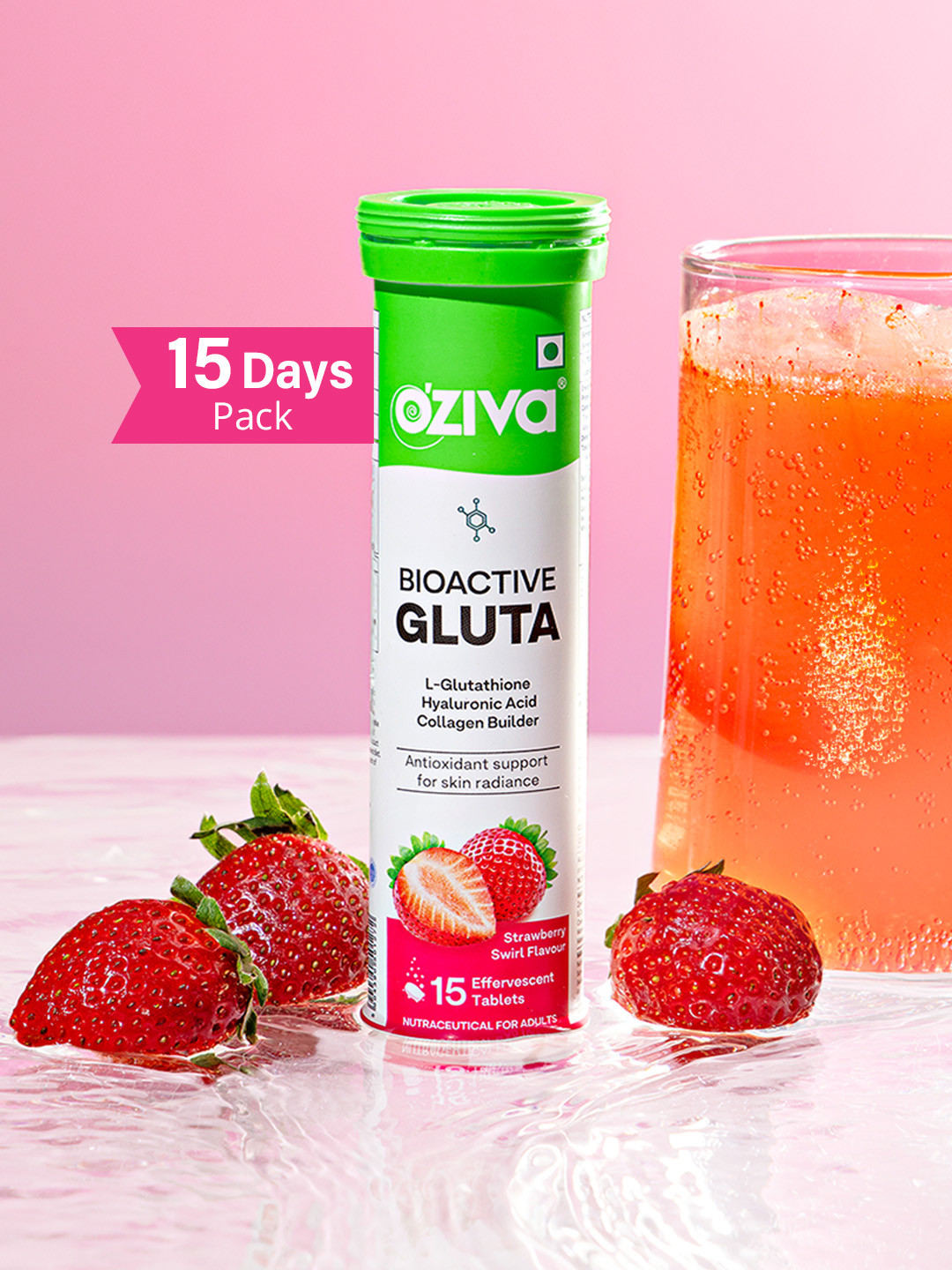 OZiva Bioactive Gluta Fizzy Tablets For Skin Radiance - Strawberry Swirl - 15 Tablets