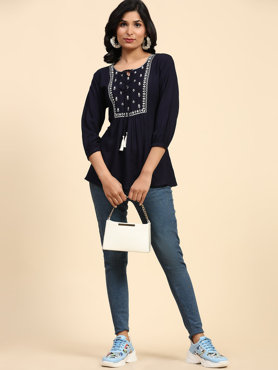 RACHNA Geometric Embellished Tie-Up Neck Three-Quarter Sleeves Casual Top