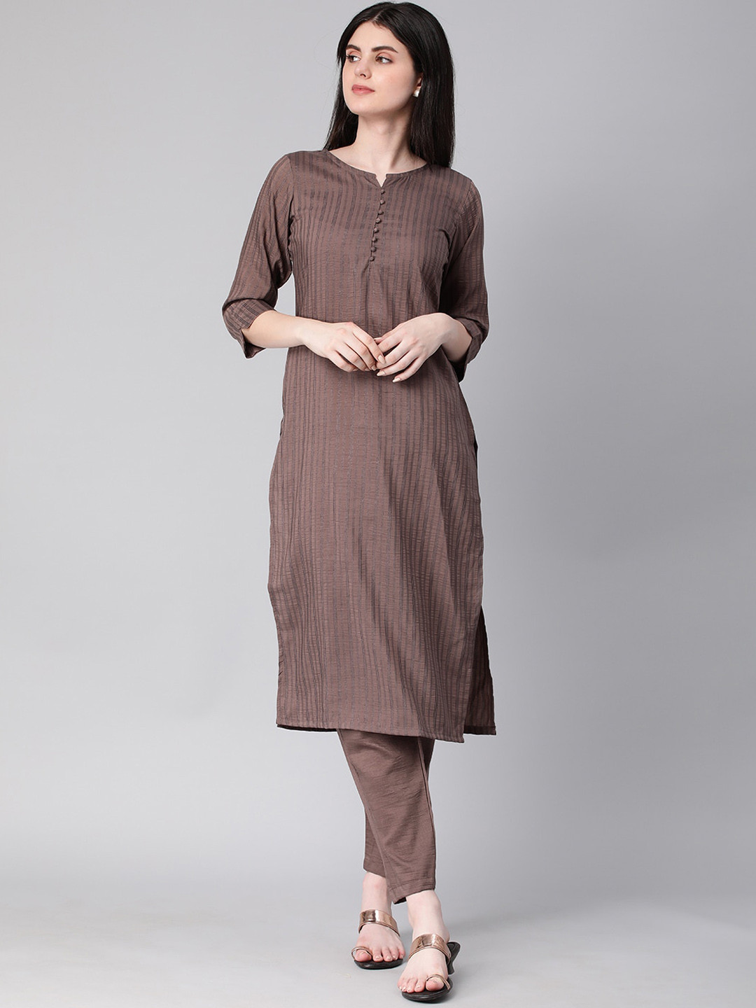 Saanjh Brown Striped Straight Kurta with Trousers