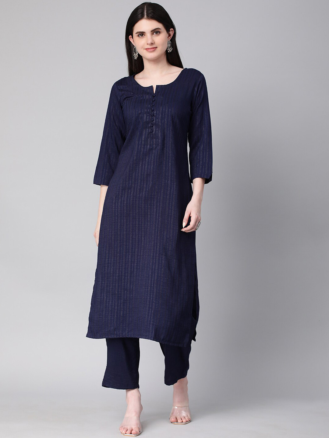 Saanjh Navy Blue Striped Straight Kurta with Trousers