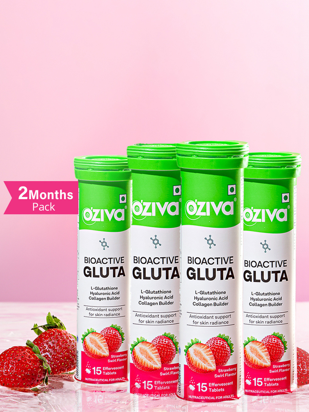 OZiva 4-Pcs Bioactive Gluta Fizzy Tablets For Skin Radiance-Strawberry Swirl - 15Pcs Each