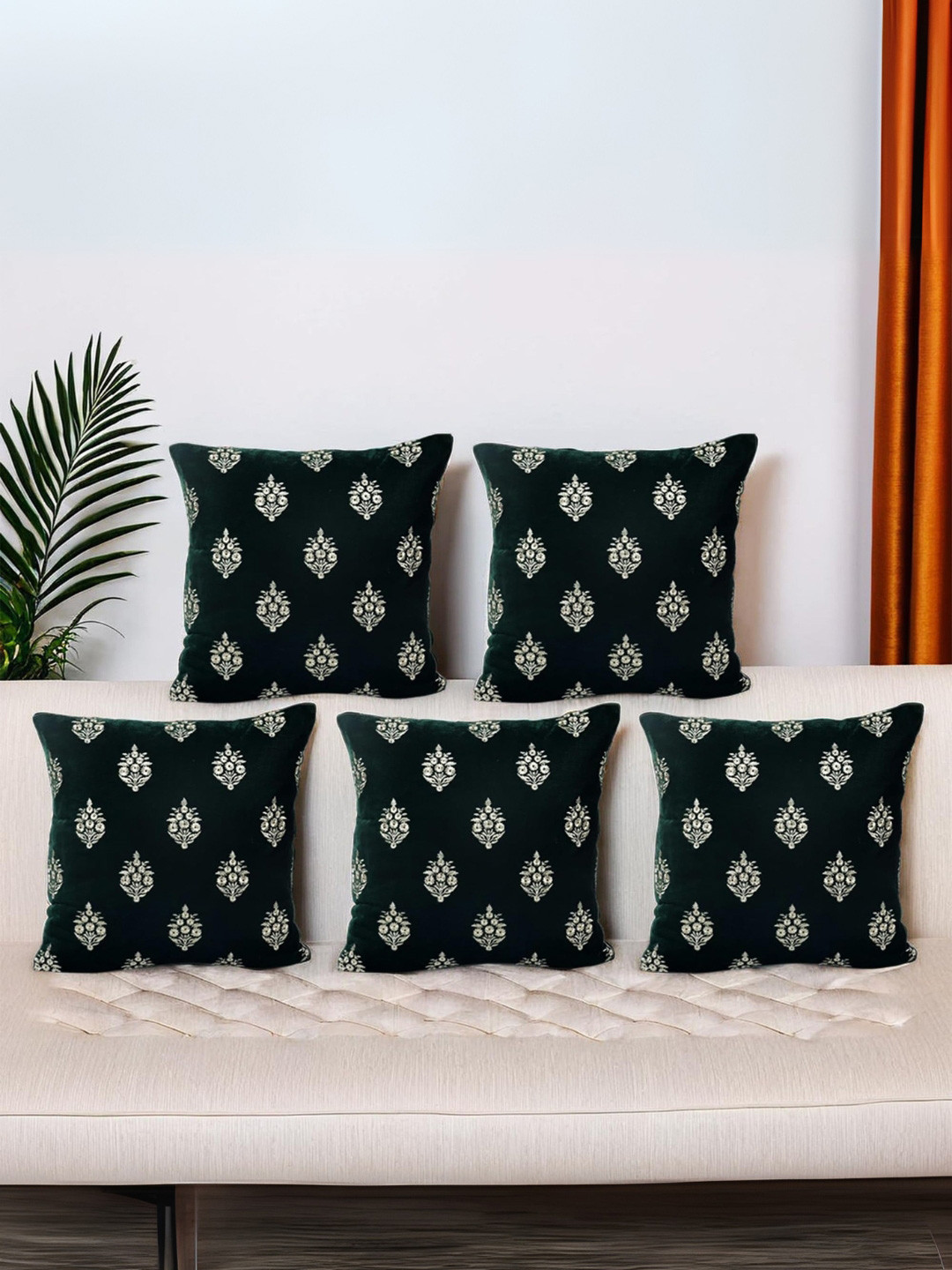 Decoghar Green Polyester Quick-Dry 5 Piece Embroidered Square Cushion Covers -16x16In