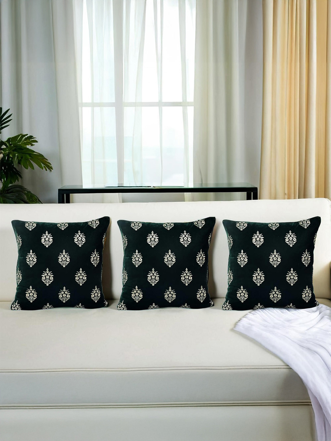 Decoghar Green Ethnic Embroidered 3 Pieces Square Cushion Covers