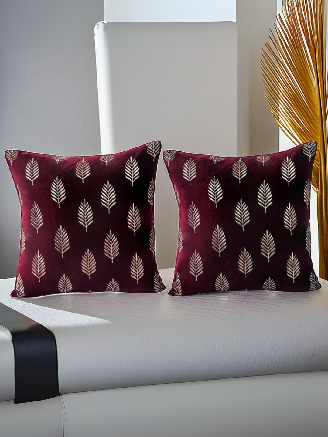 Decoghar Palm Leaf Embroidered Polyester Anti-Wrinkle 2 Pcs Cushion Covers - 15.7x15.7In