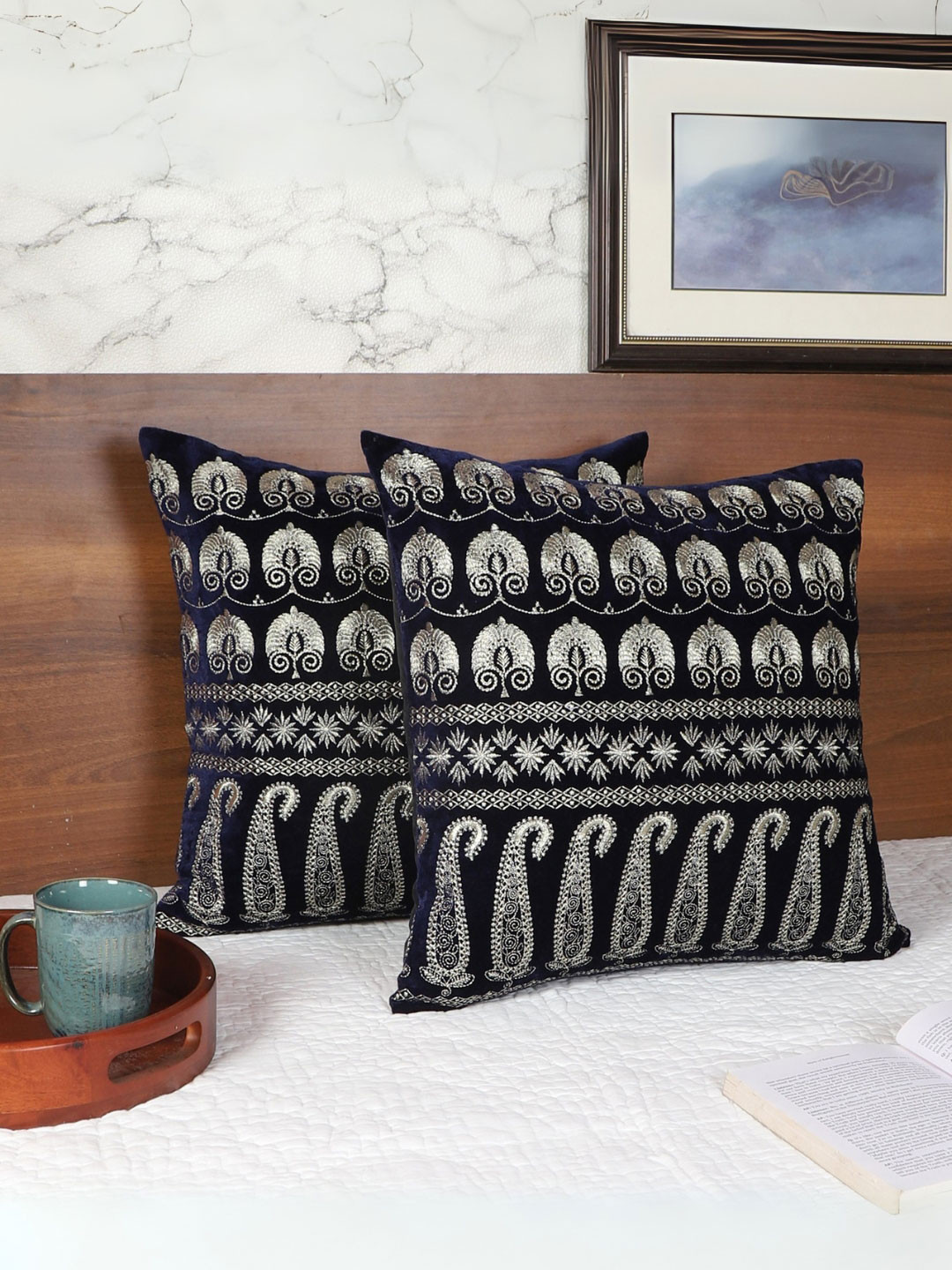 Decoghar Paisley Polyester Washable 2 Pcs Embroidered Square Cushion Covers -18x18In