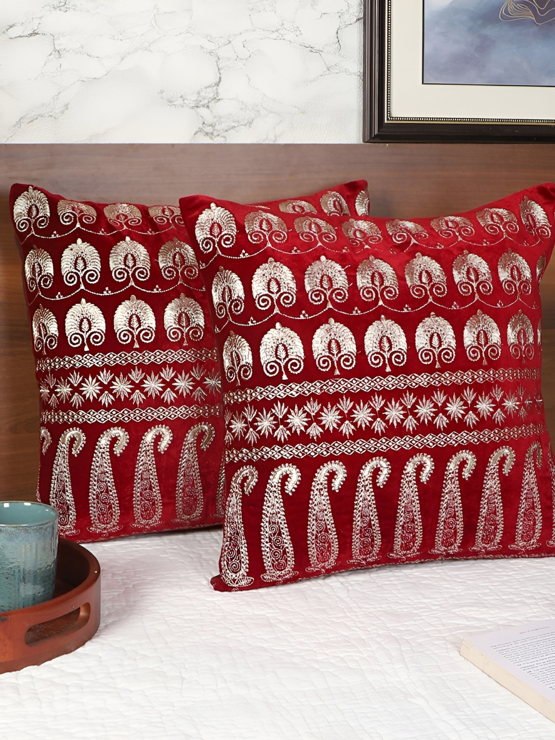 Decoghar Maroon Polyester Anti-Wrinkle 2 Piece Embroidered Square Cushion Covers -18x18In