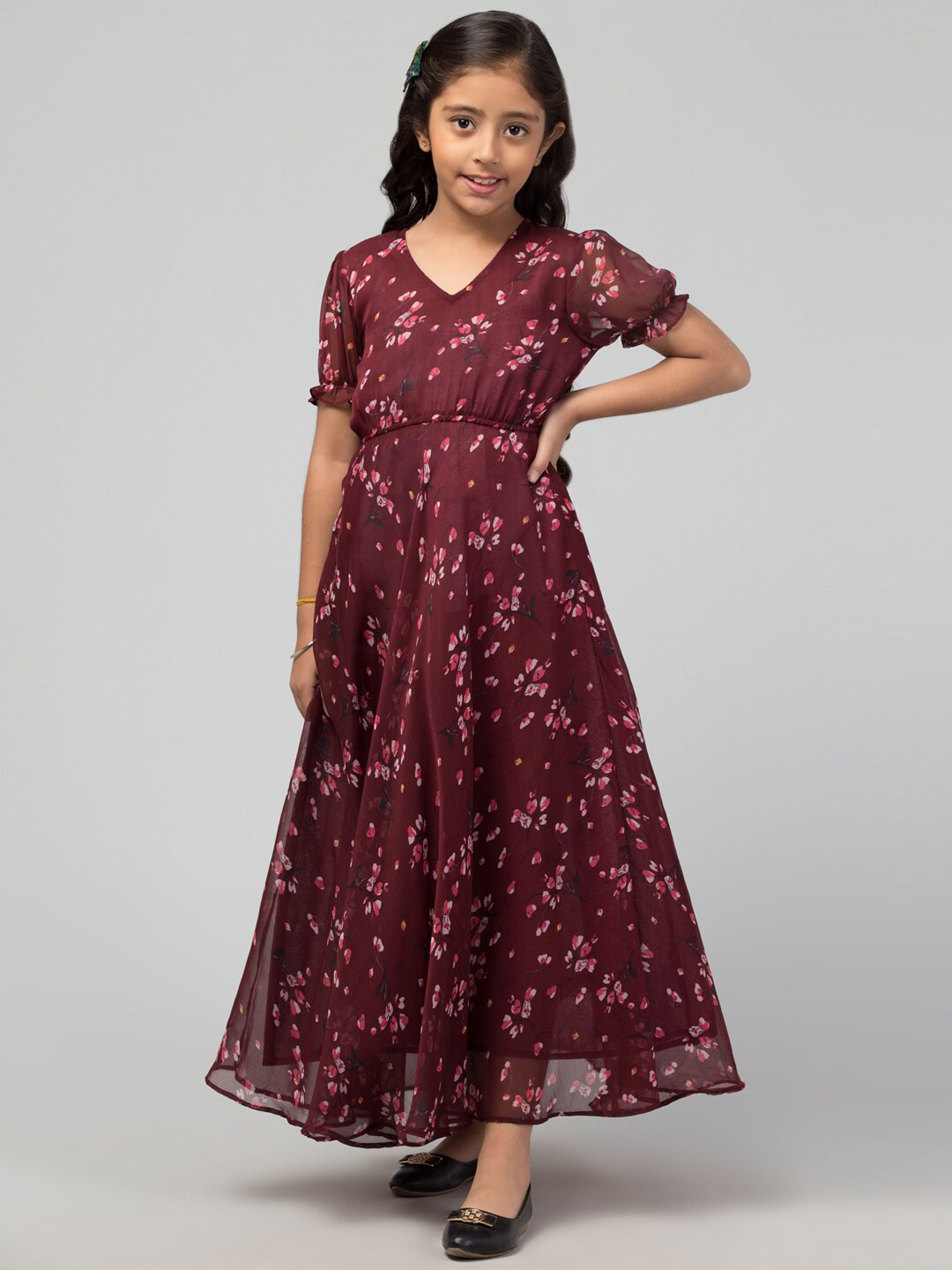 MUSHKIYA Girls Floral Print Chiffon Maxi Dress