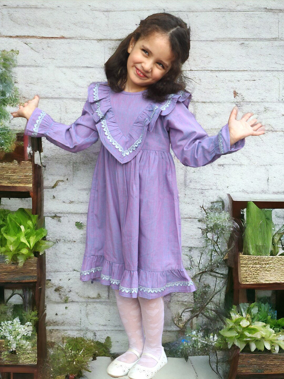 MUSHKIYA Lace Up Ruffled Pure Cotton A-Line Knee Length Dress