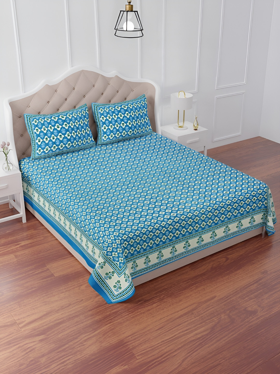 The Craft Monk Clouds Blue Floral Cotton 240 TC King Bedsheet with 2 Pillow Covers-108 x 90 inches