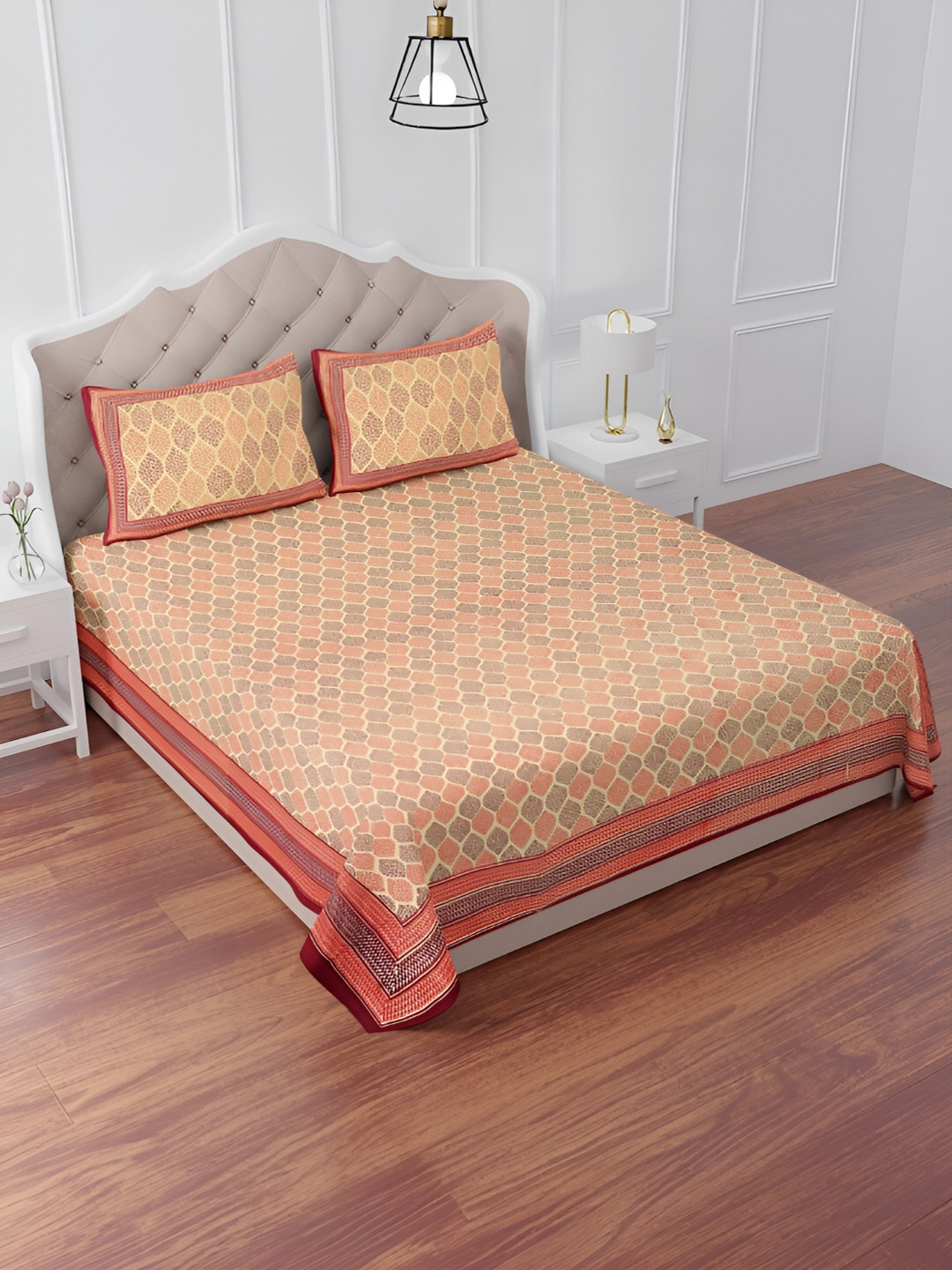 The Craft Monk Beige Geometric Cotton Skin-Friendly 240 TC King Bedsheet with 2 Pillow Covers-274 x 228 cm