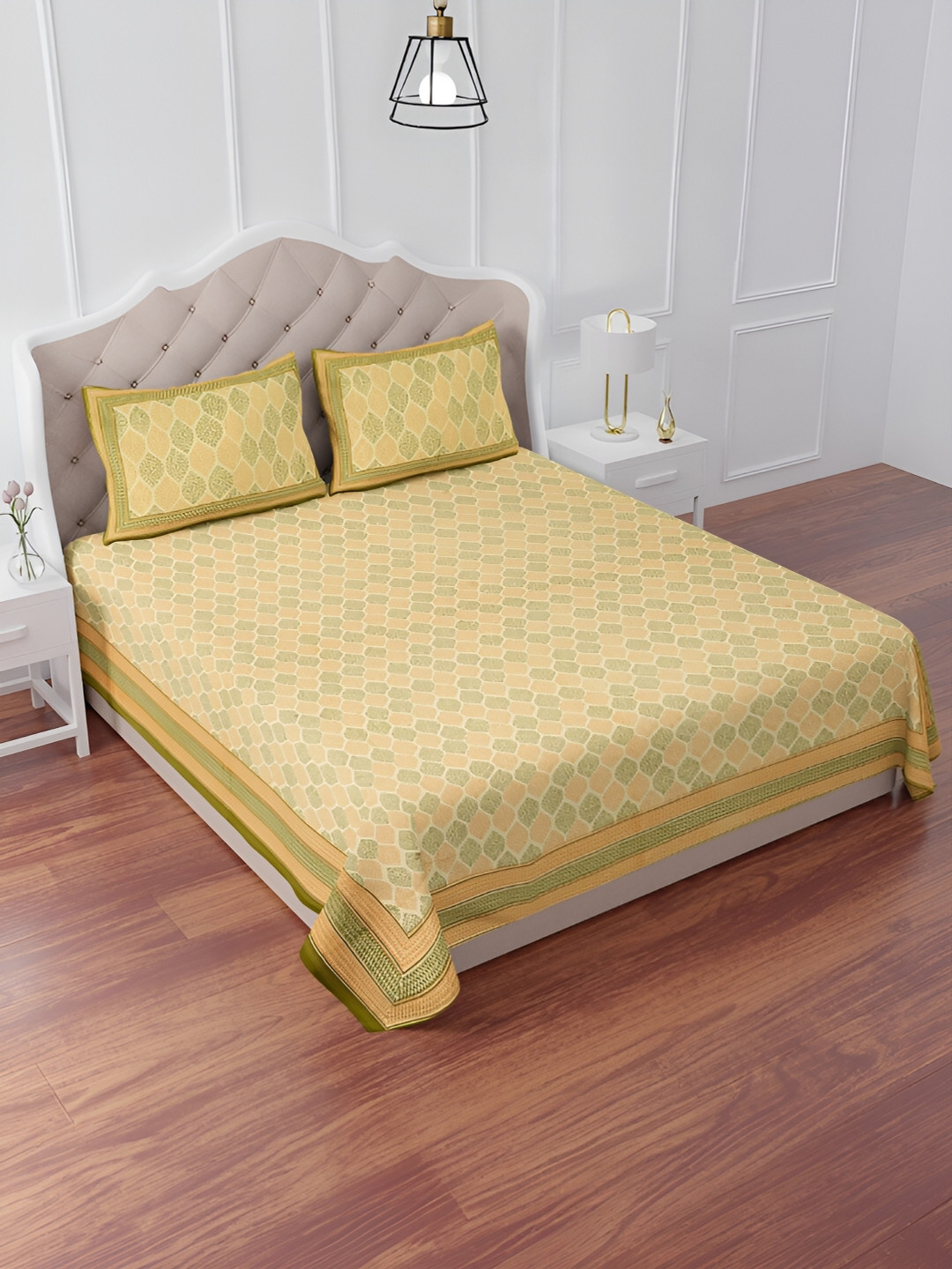The Craft Monk Yellow Geometric Cotton 240 TC King Bedsheet with 2 Pillow Covers-274 x 228 cm
