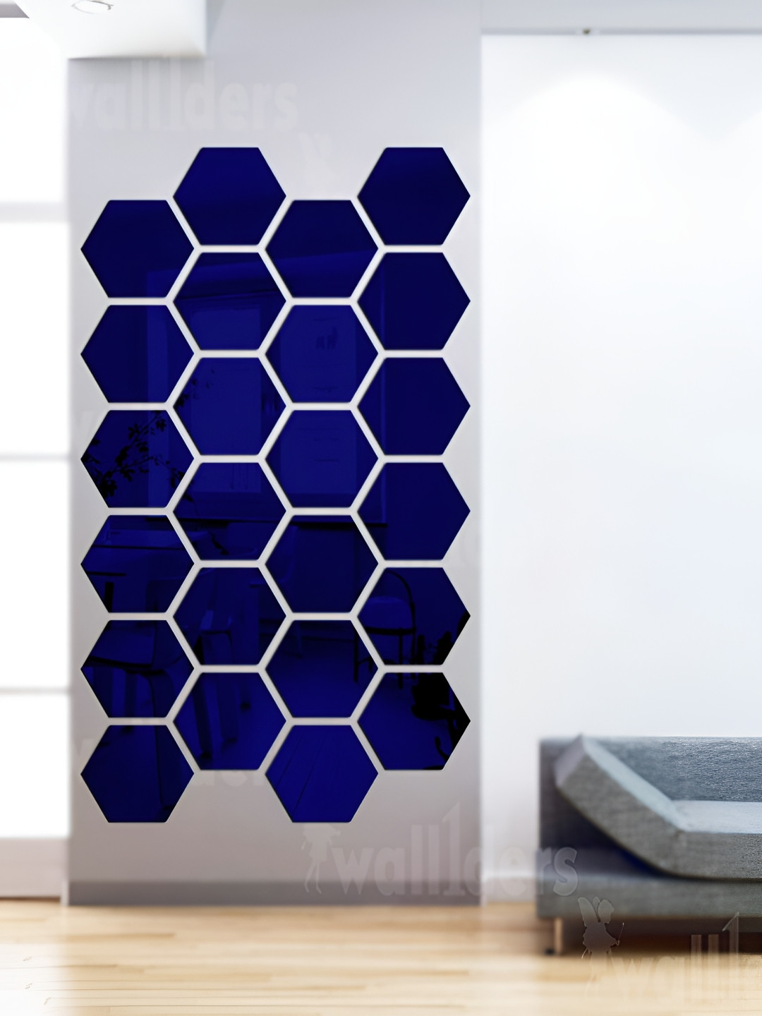 Wall1ders Blue 24 Pieces Hexagon-Shaped 3D Acrylic Mirror Wall Stickers