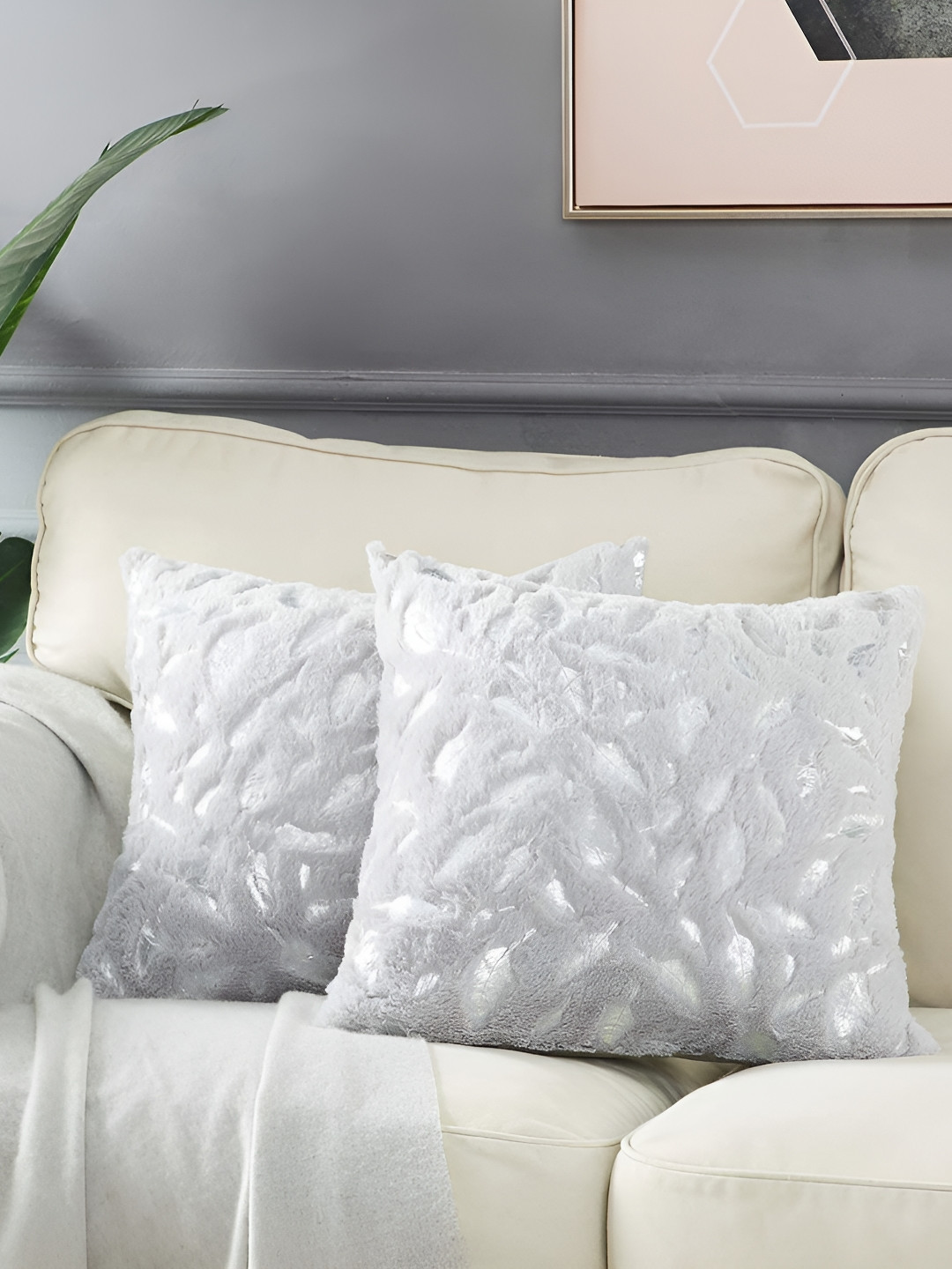 TANLOOMS Grey & Silver Toned 2 Pieces Self Design Velvet Square Cushion Covers