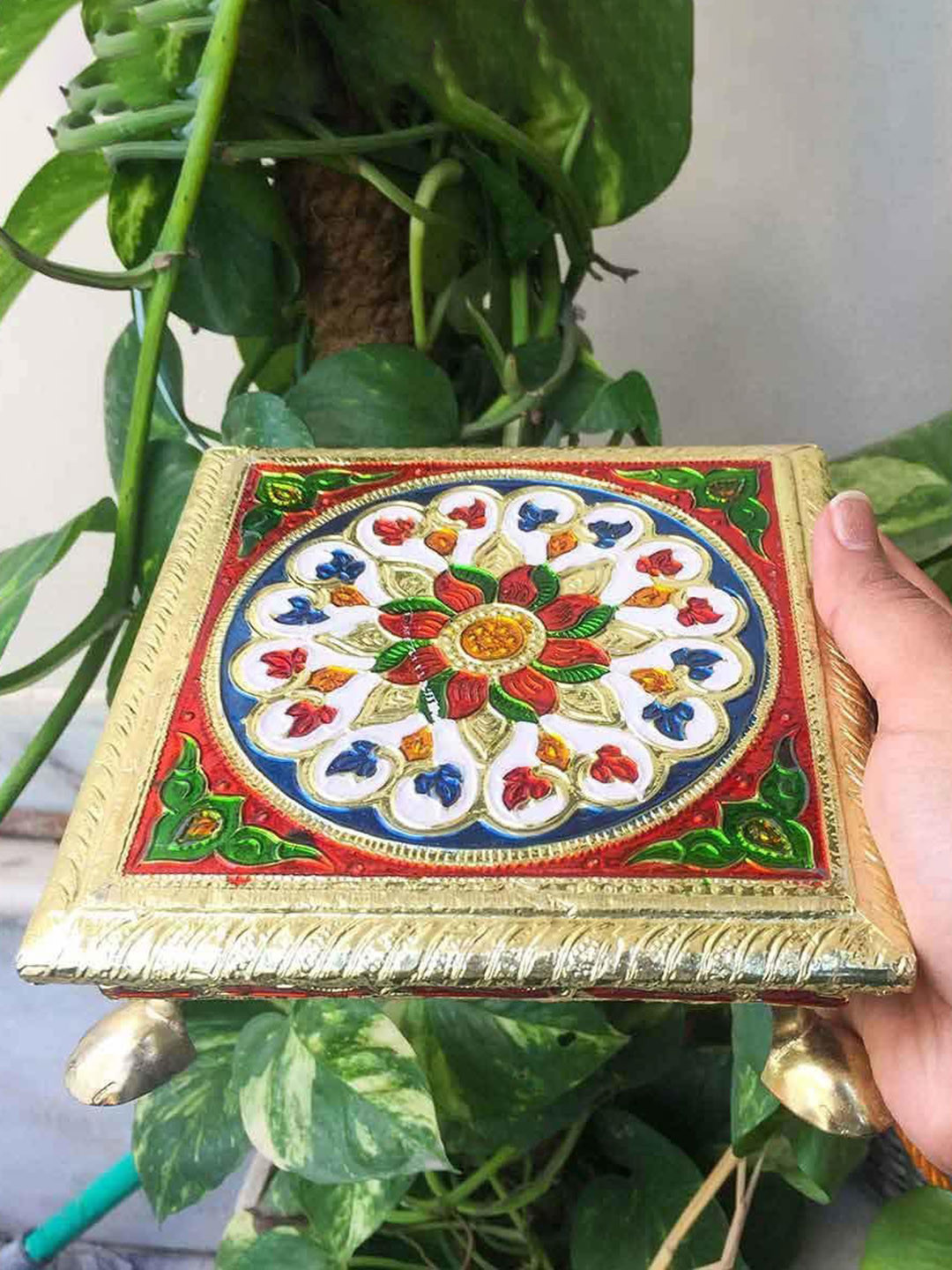 apka mart GoldToned & Red Floral Printed Wooden Bajot Chowki