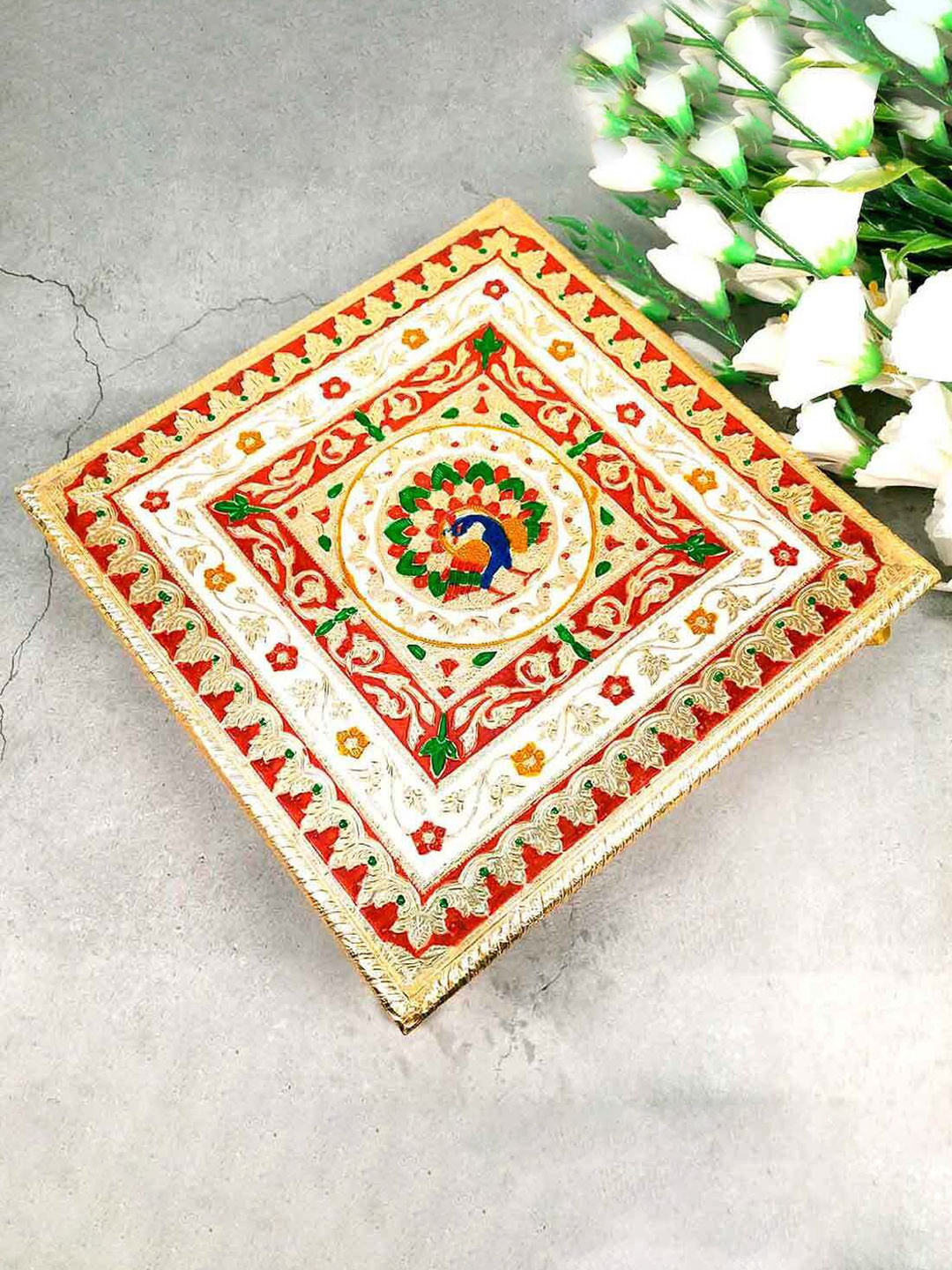 apka mart Beige & Red Minakari Pooja Chowki