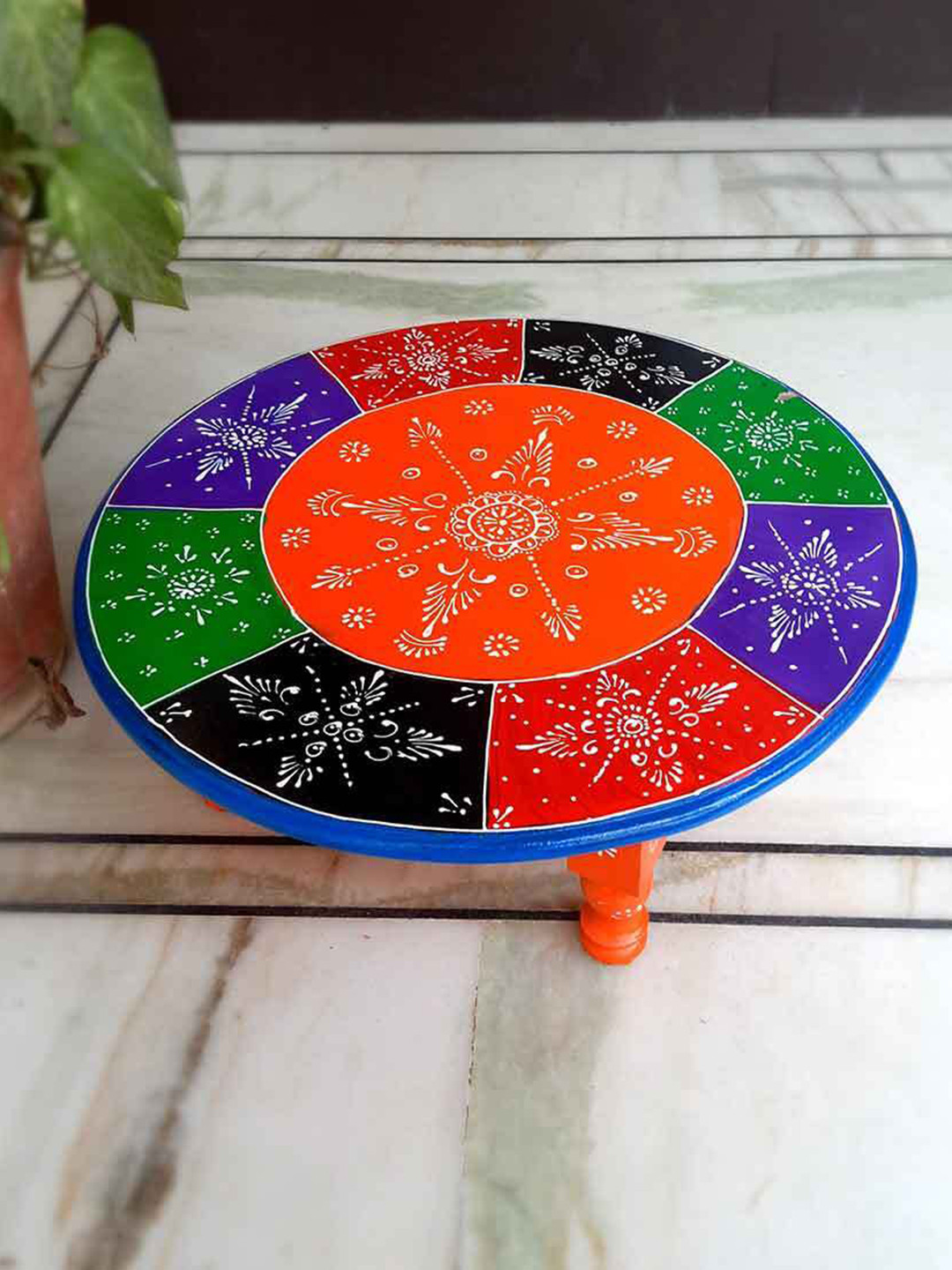 apka mart Orange-Coloured and Green Wooden Pooja Chowki Bajot