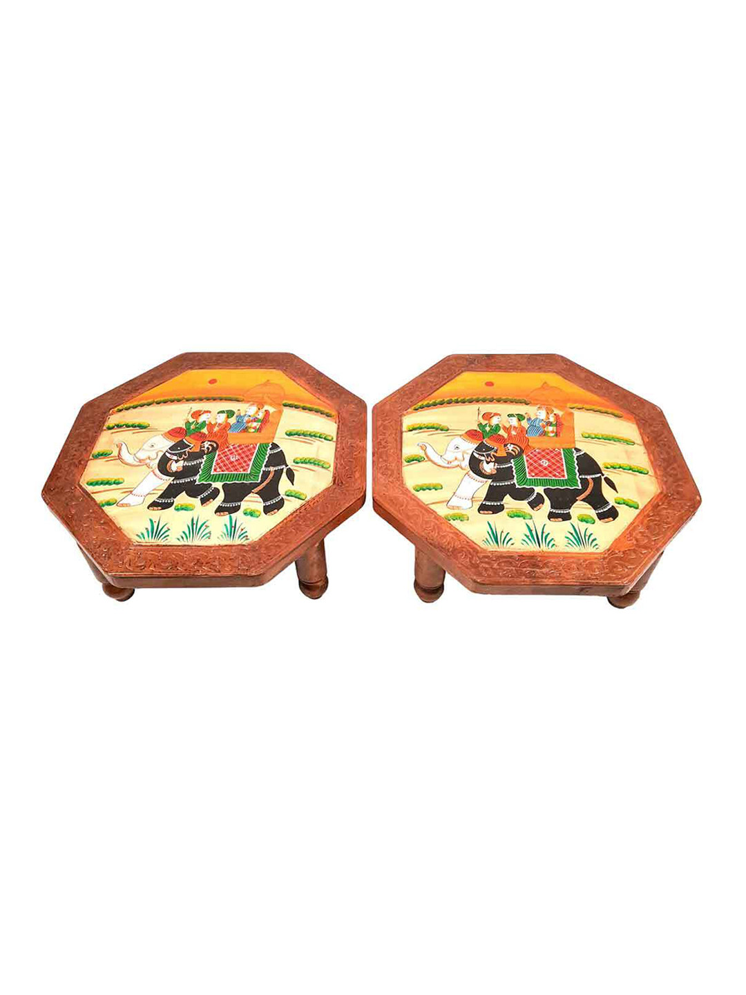 apka mart Brown and Yellow 2 Pieces Wooden Pooja Chowki Bajot