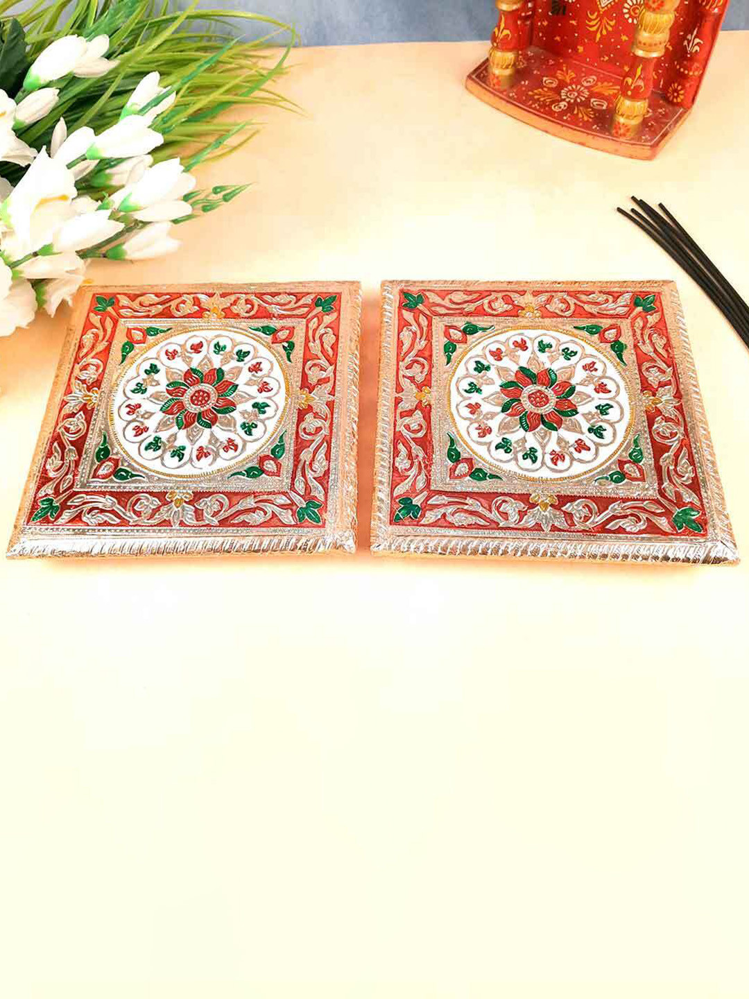 apka mart Red 2 Pieces Wooden Minakari Pooja Chowki